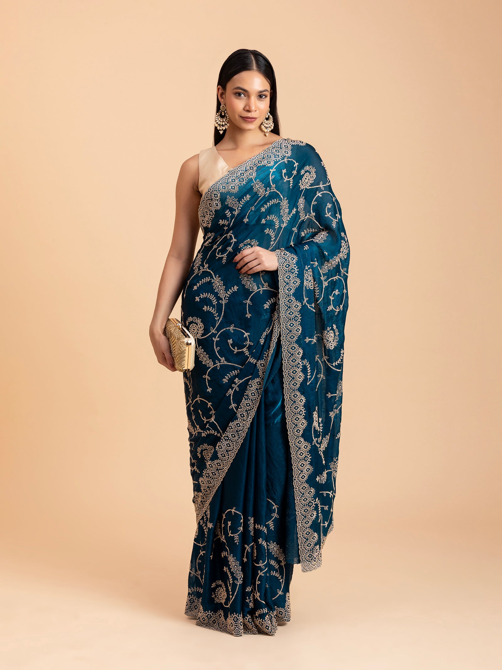 Midnight Teal Floral Filigree Saree