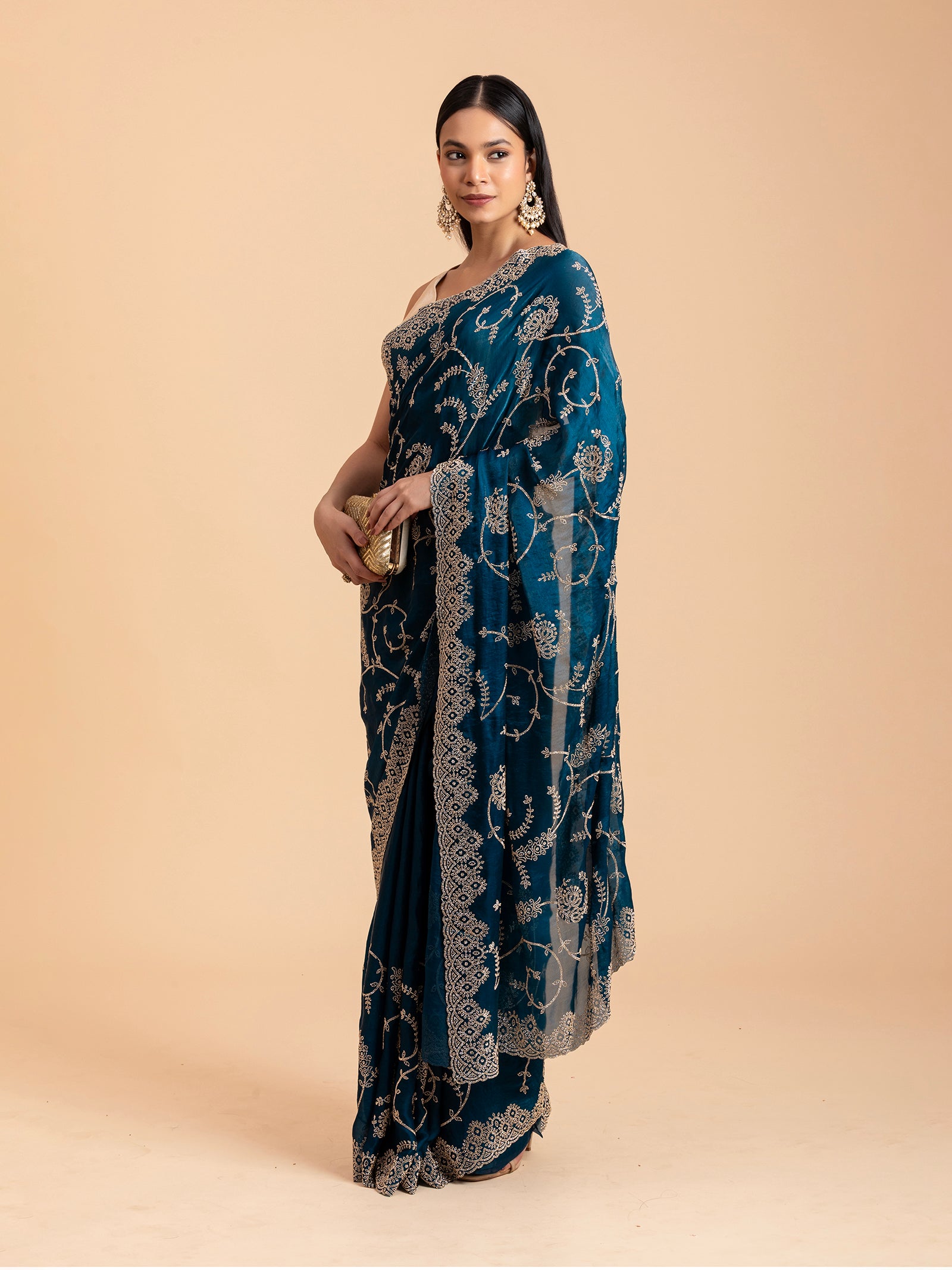 Midnight Teal Floral Filigree Saree