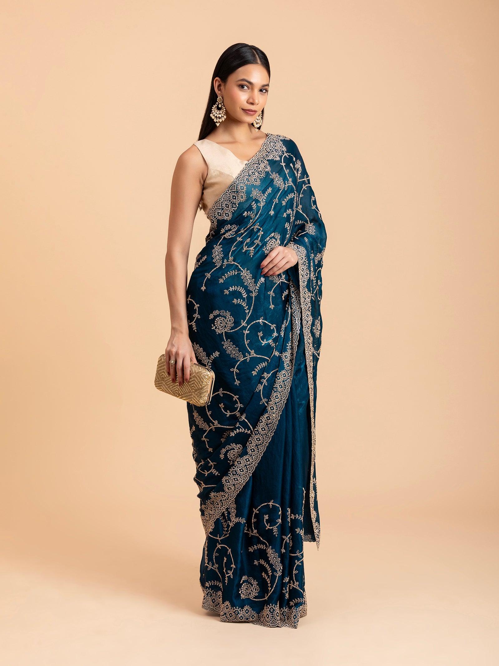 Midnight Teal Floral Filigree Saree