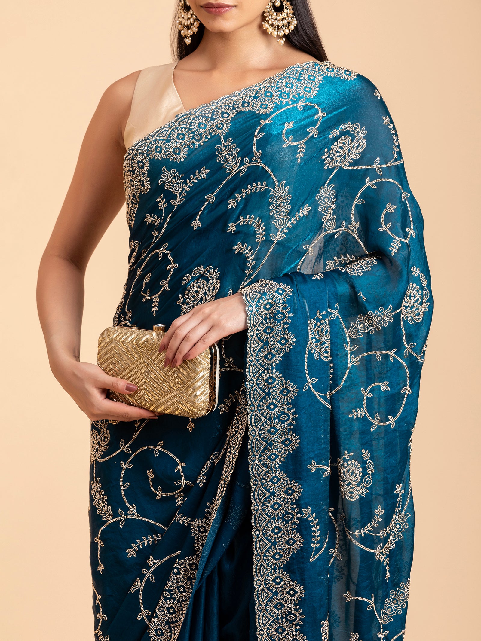 Midnight Teal Floral Filigree Saree