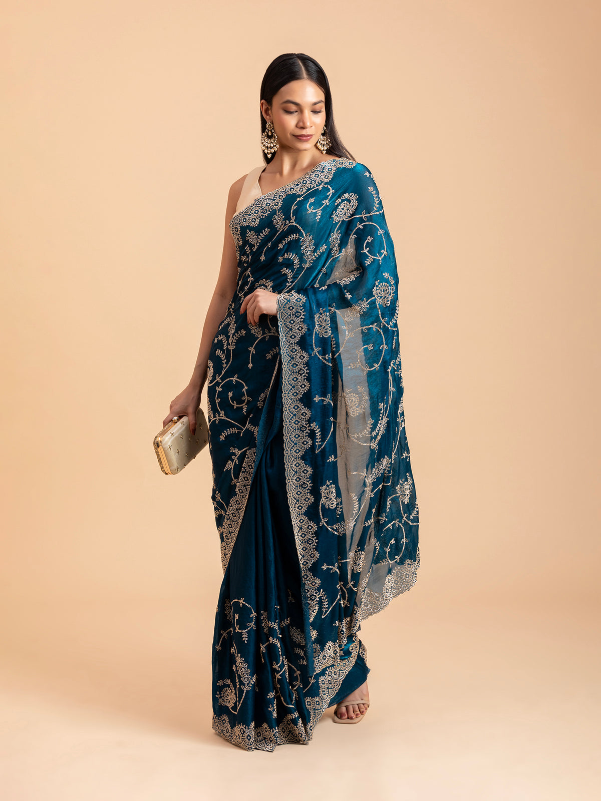 Midnight Teal Floral Filigree Saree