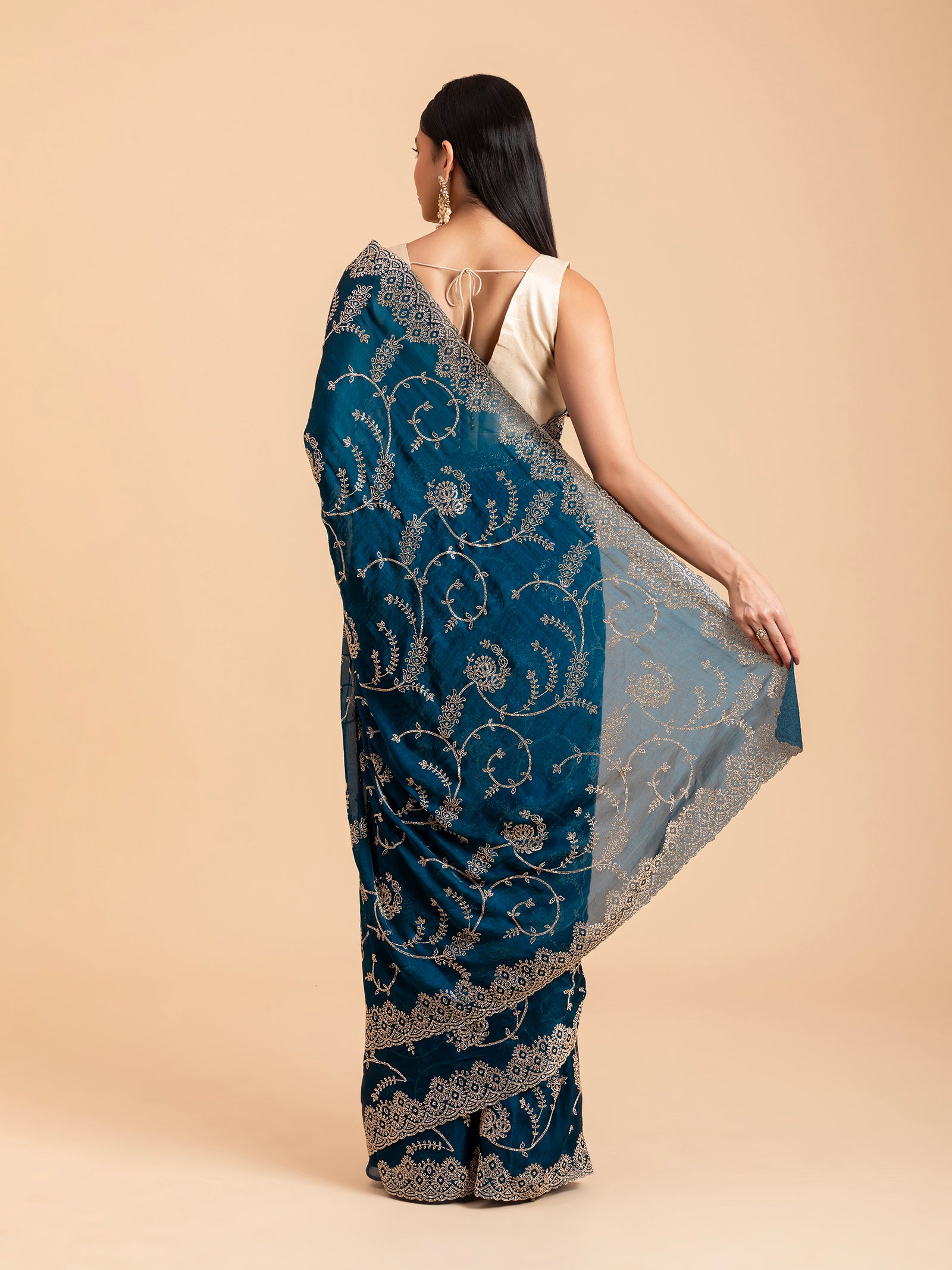 Midnight Teal Floral Filigree Saree