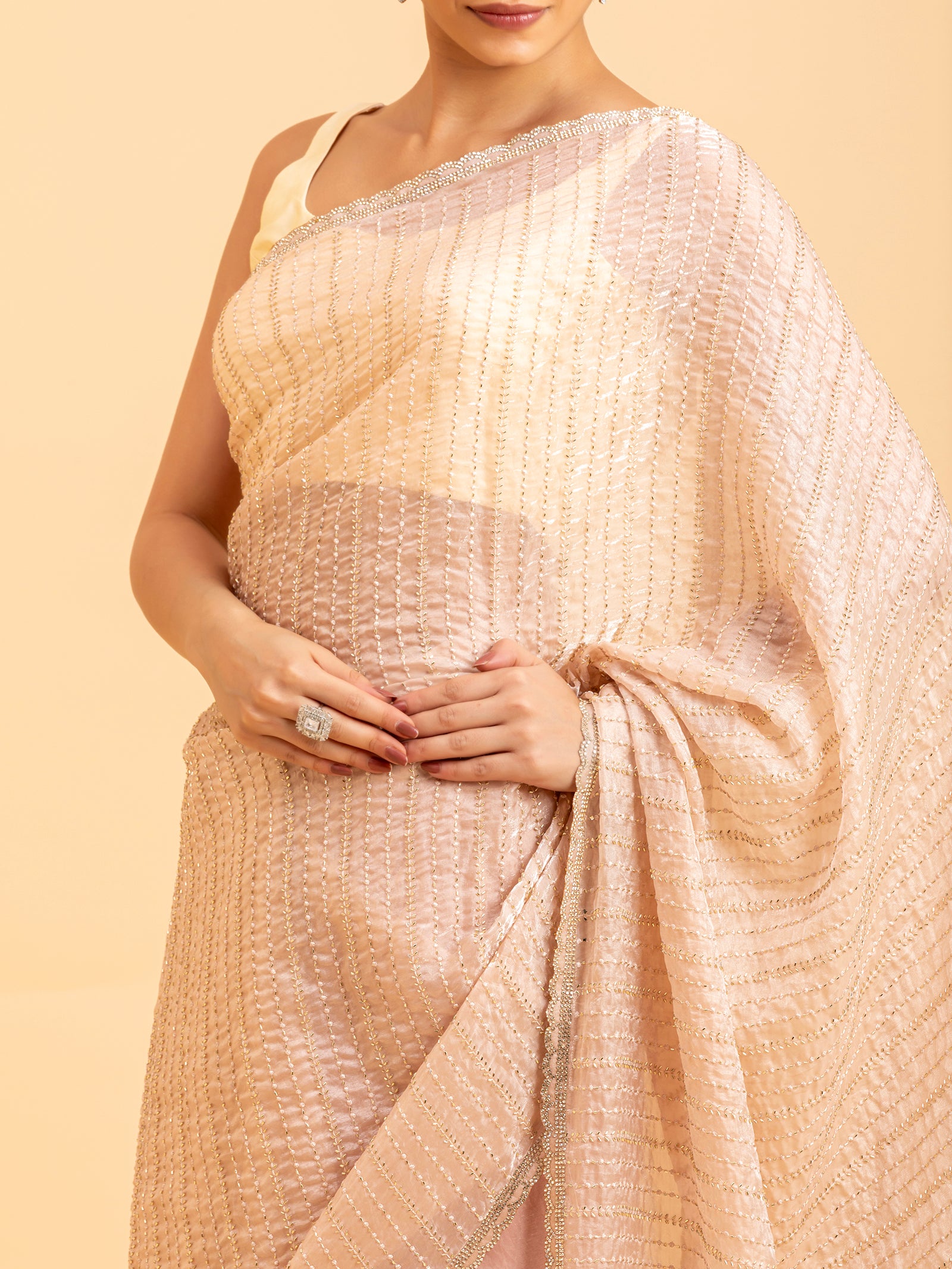 Champagne Gold Stripe Saree