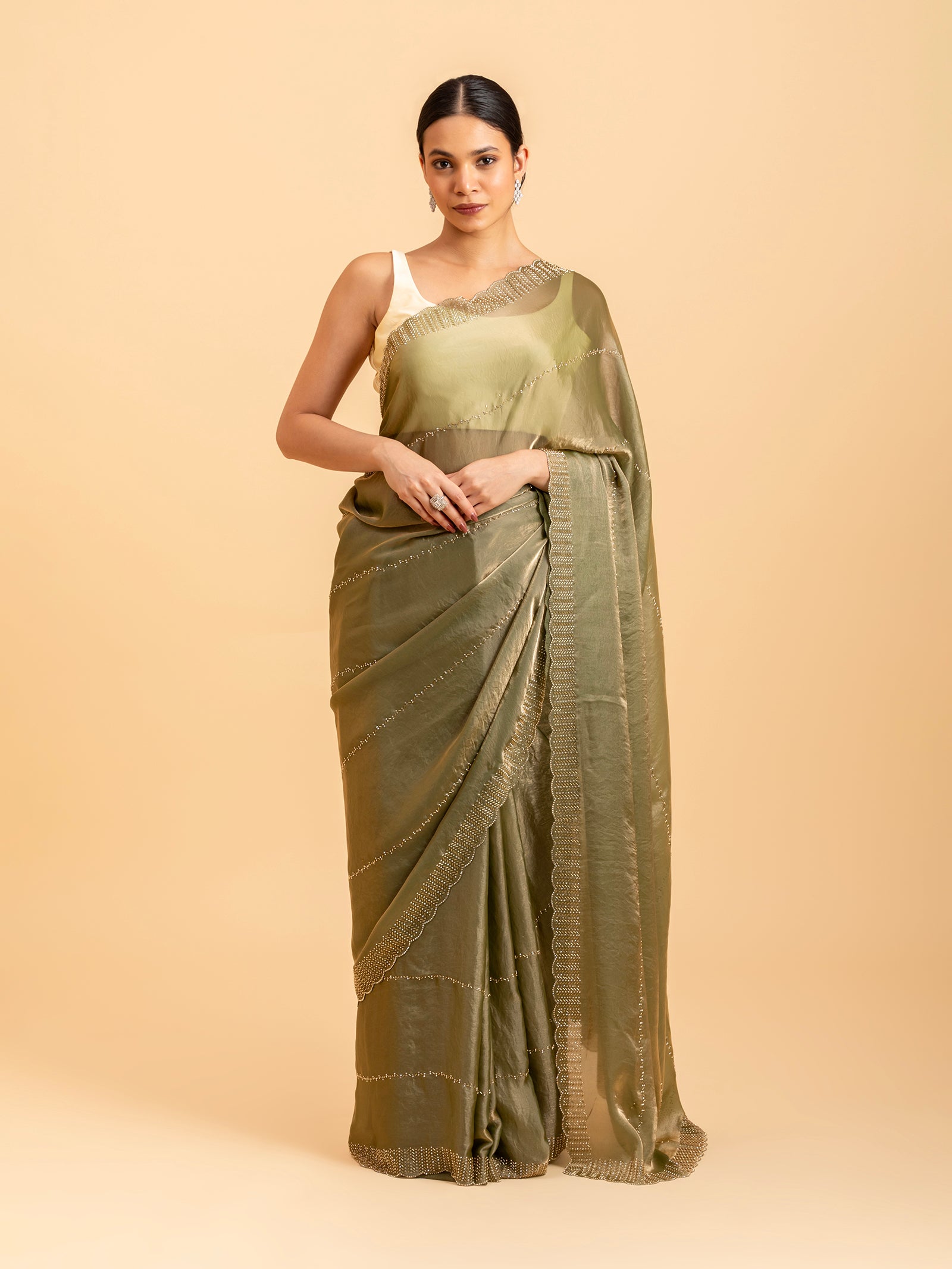 Olive Luster Scalloped Saree