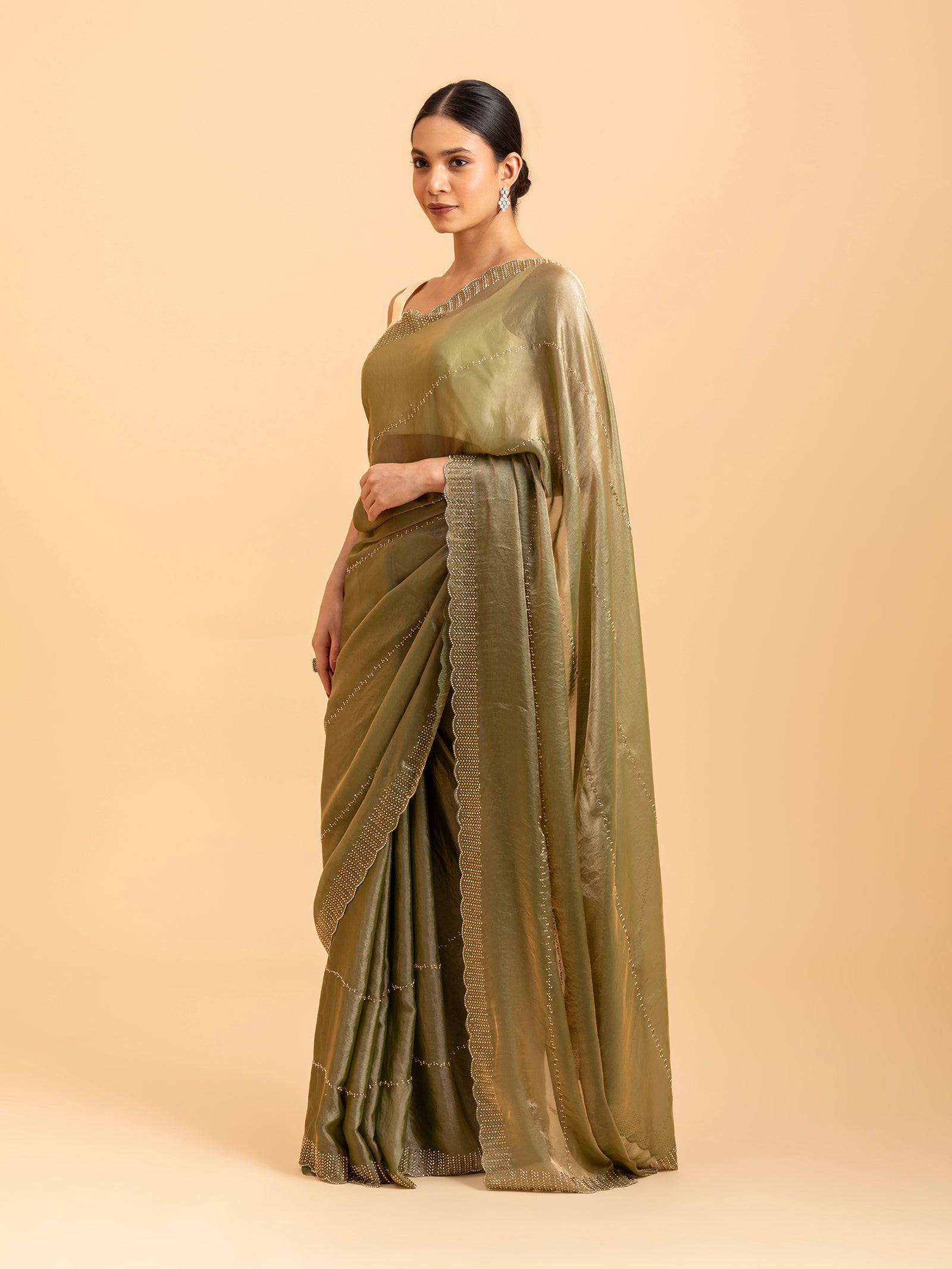Olive Luster Scalloped Saree