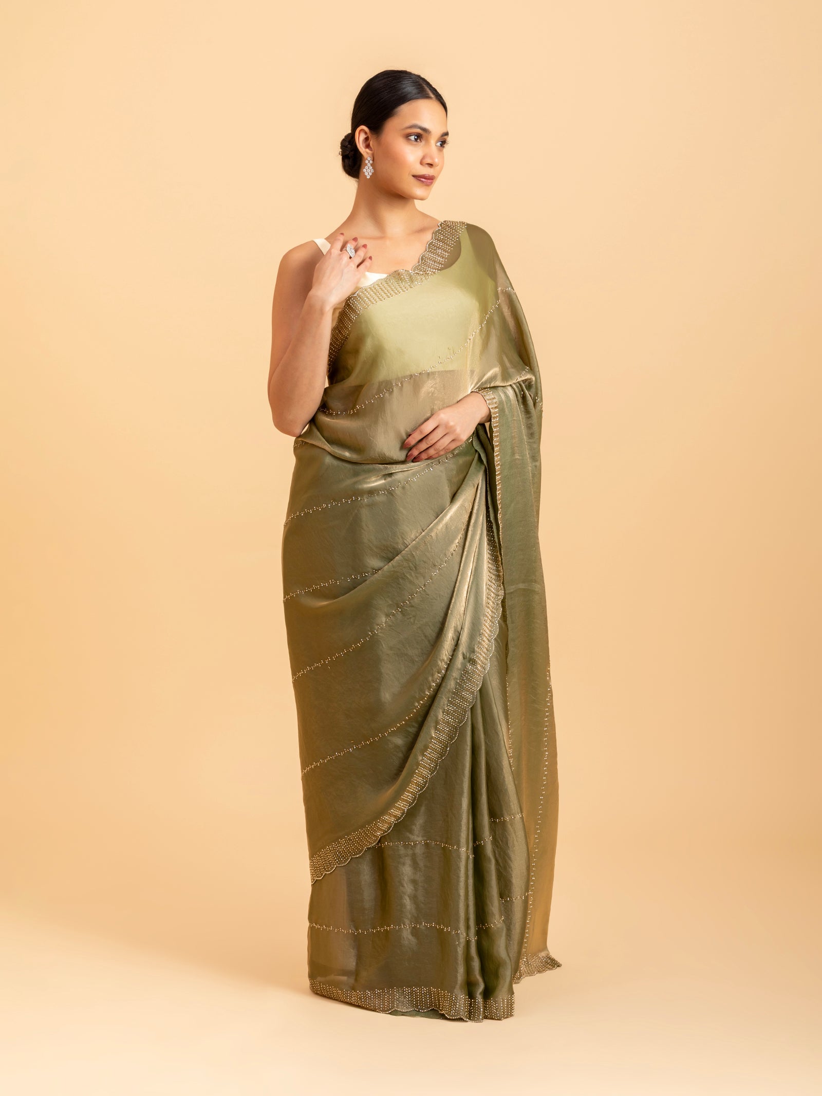 Olive Luster Scalloped Saree