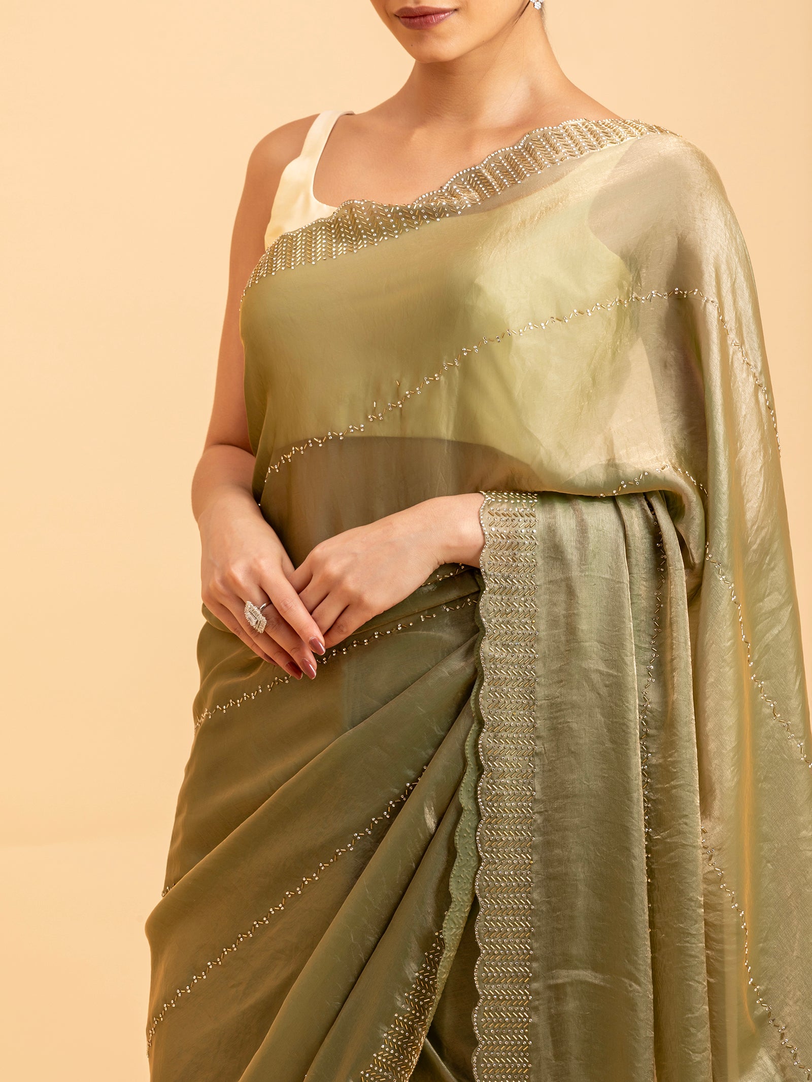 Olive Luster Scalloped Saree