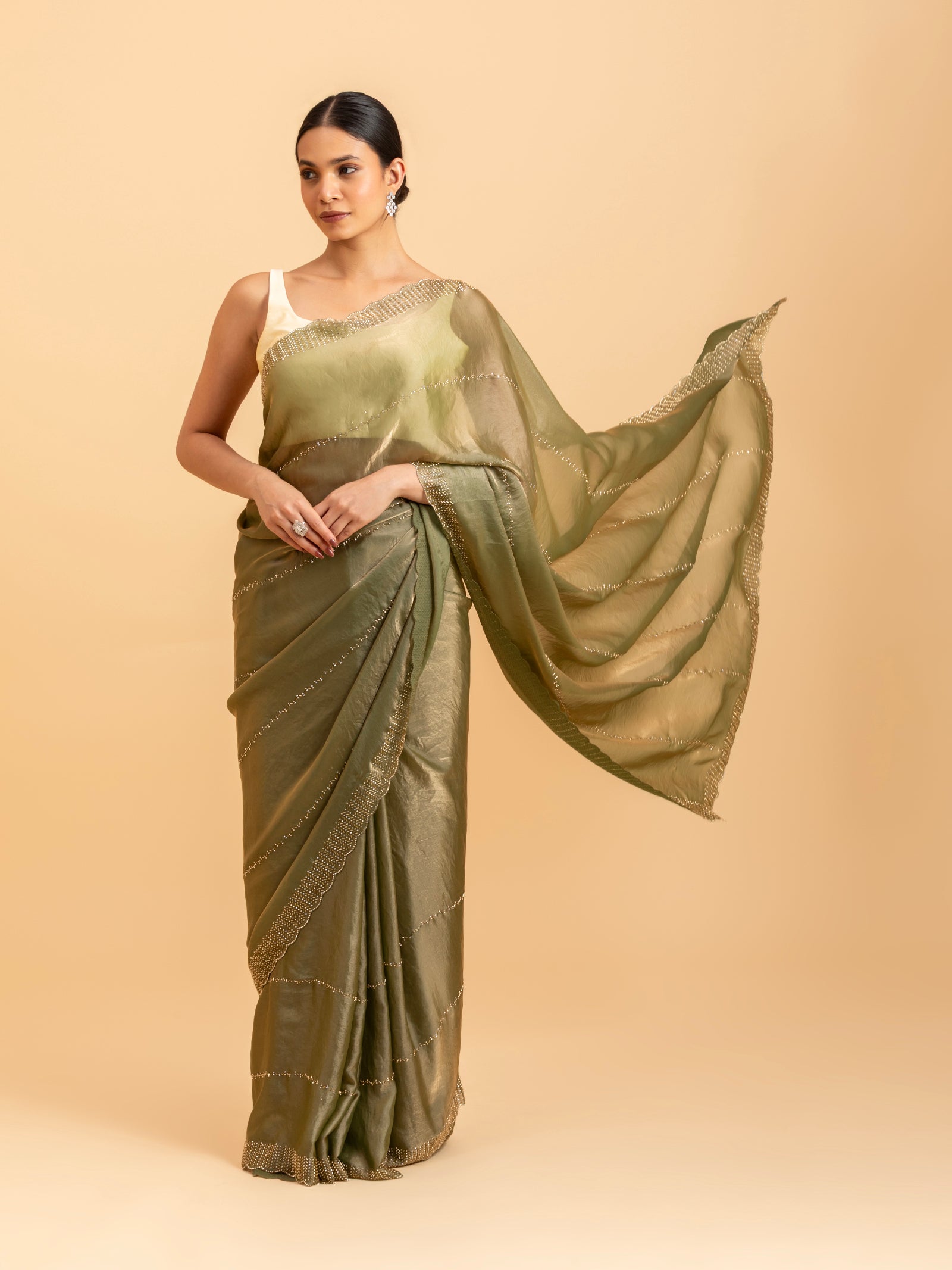 Olive Luster Scalloped Saree