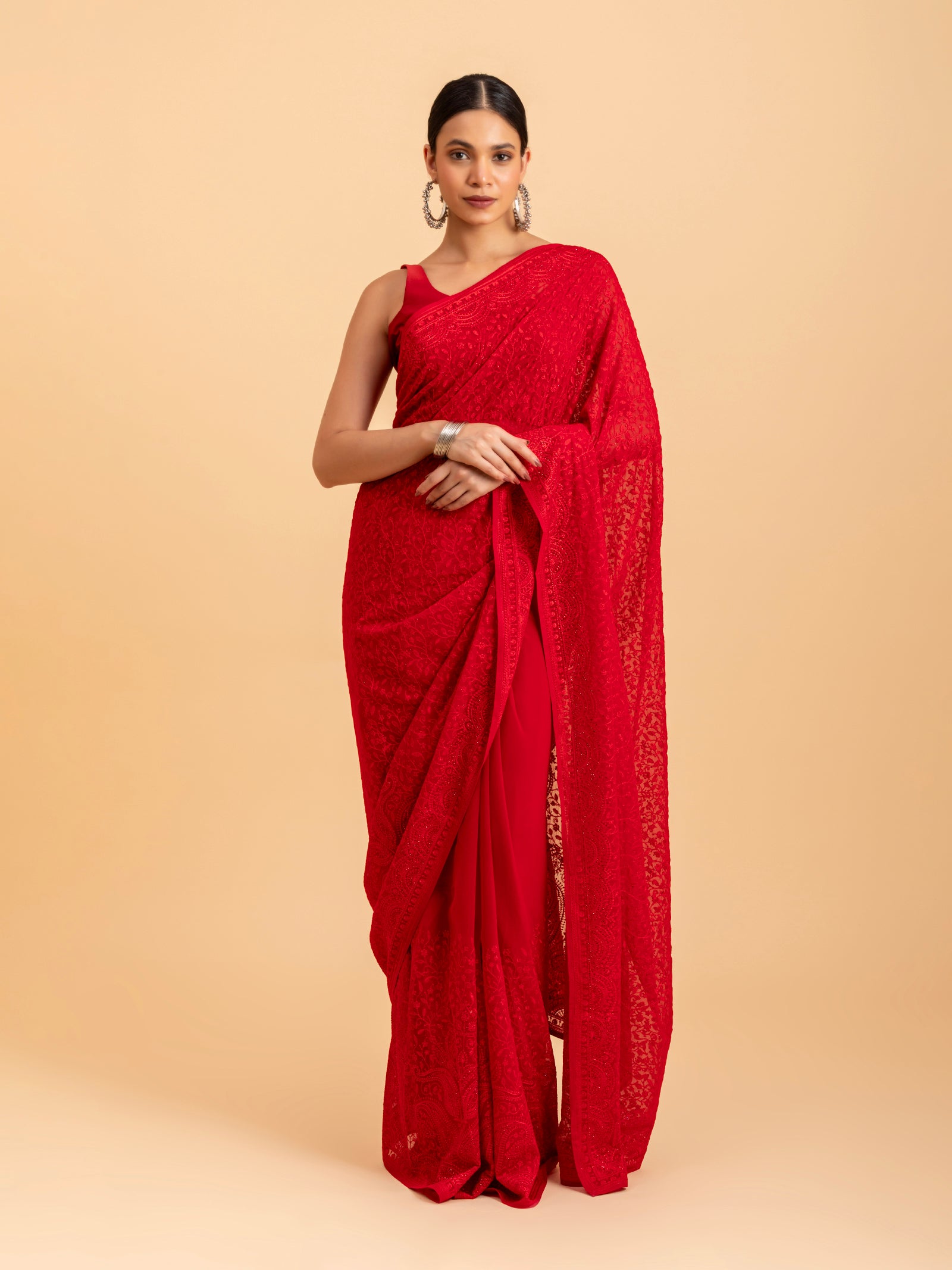 Monochromatic Red Chikankari Saree