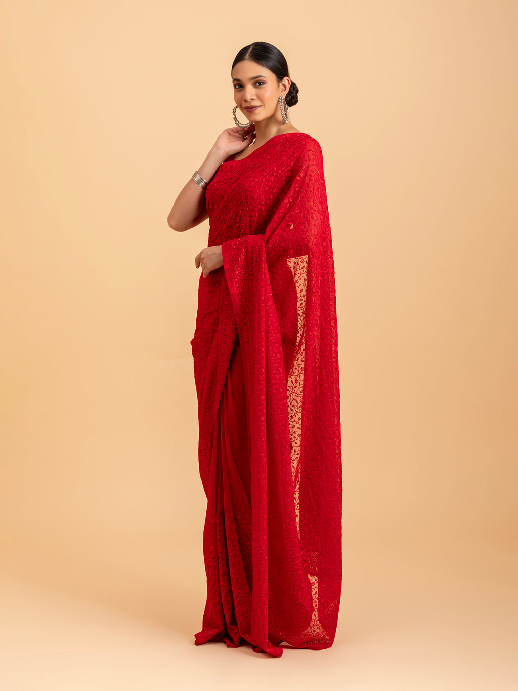 Monochromatic Red Chikankari Saree
