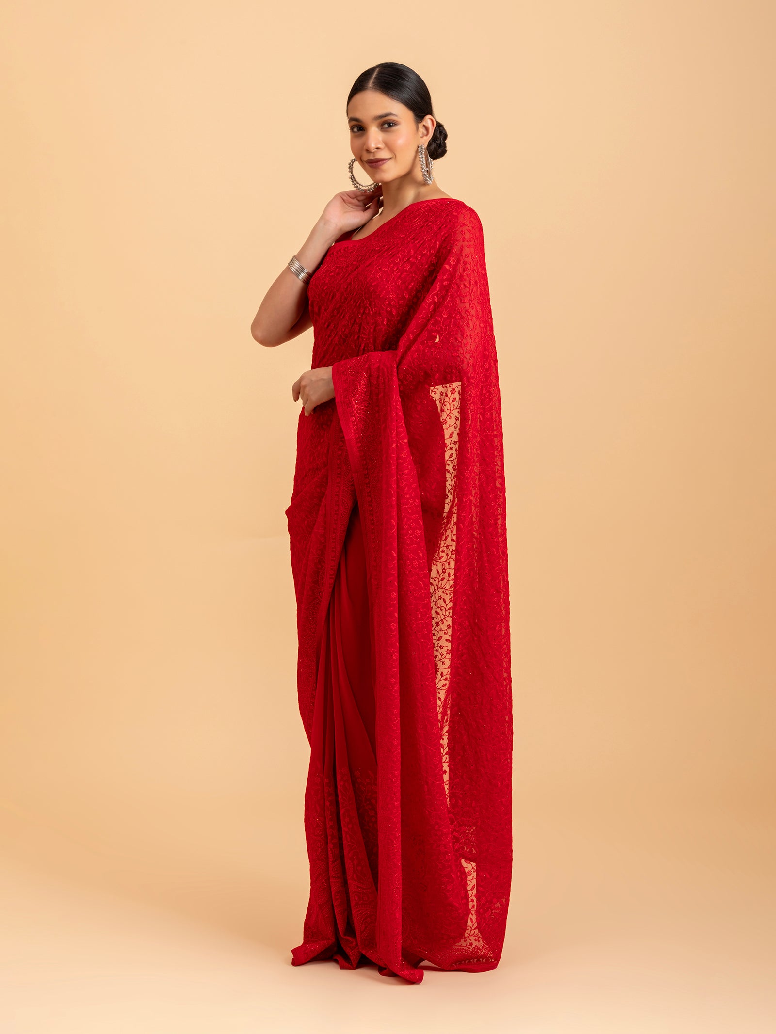 Monochromatic Red Chikankari Saree