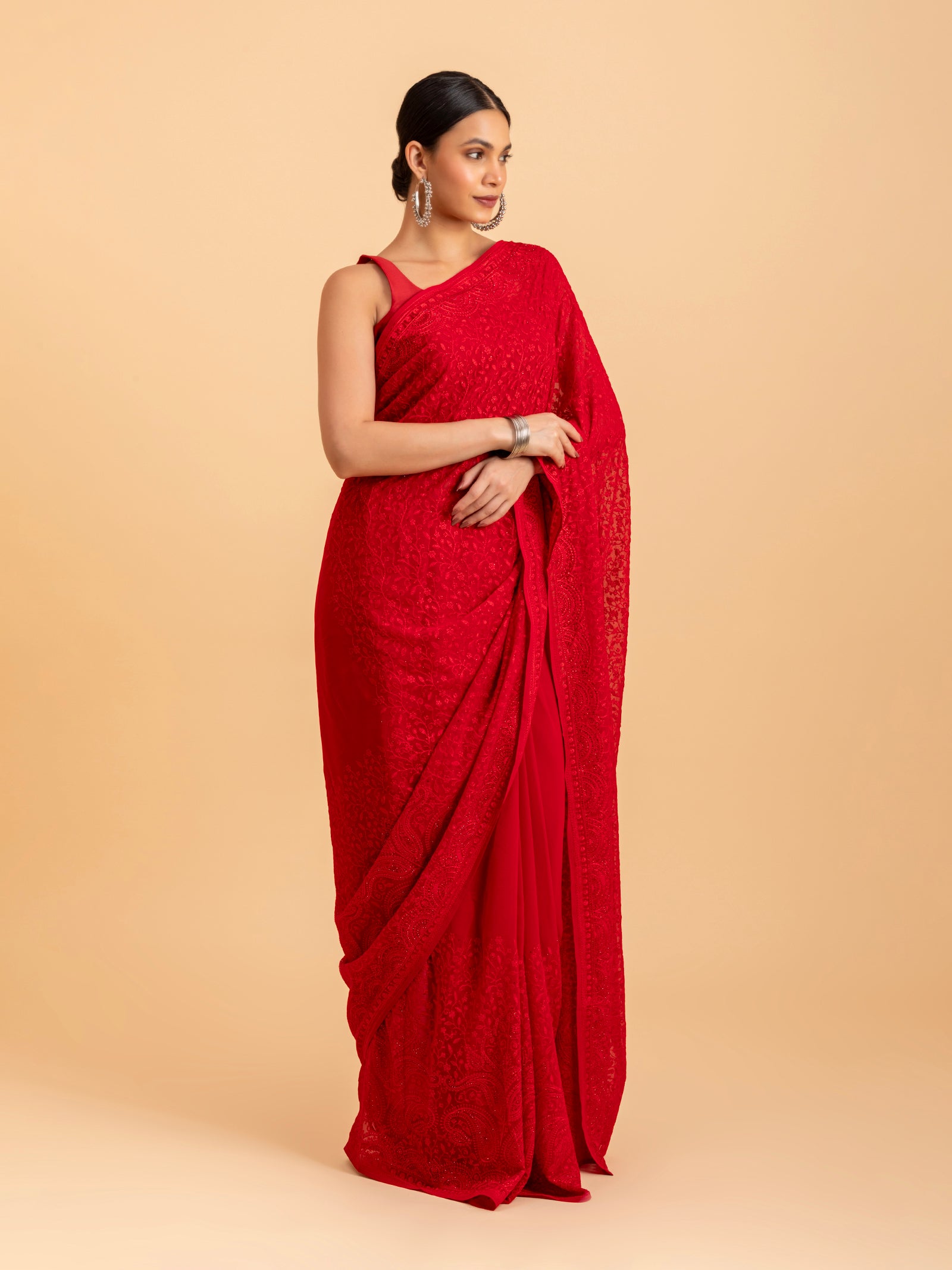 Monochromatic Red Chikankari Saree