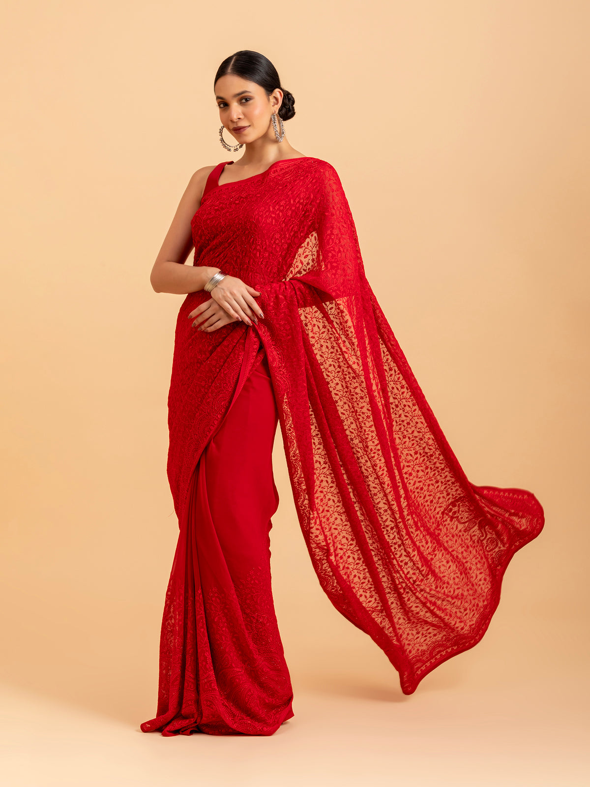 Monochromatic Red Chikankari Saree