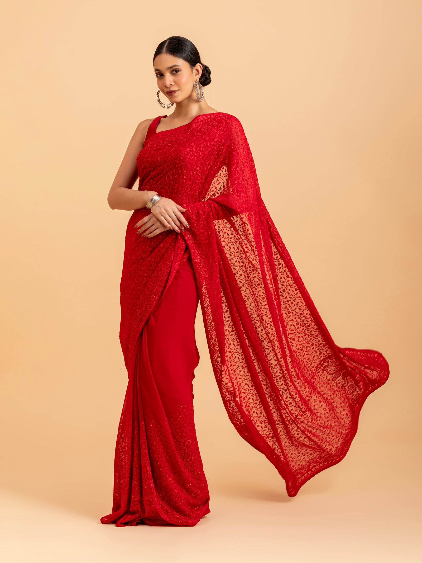 Monochromatic Red Chikankari Saree