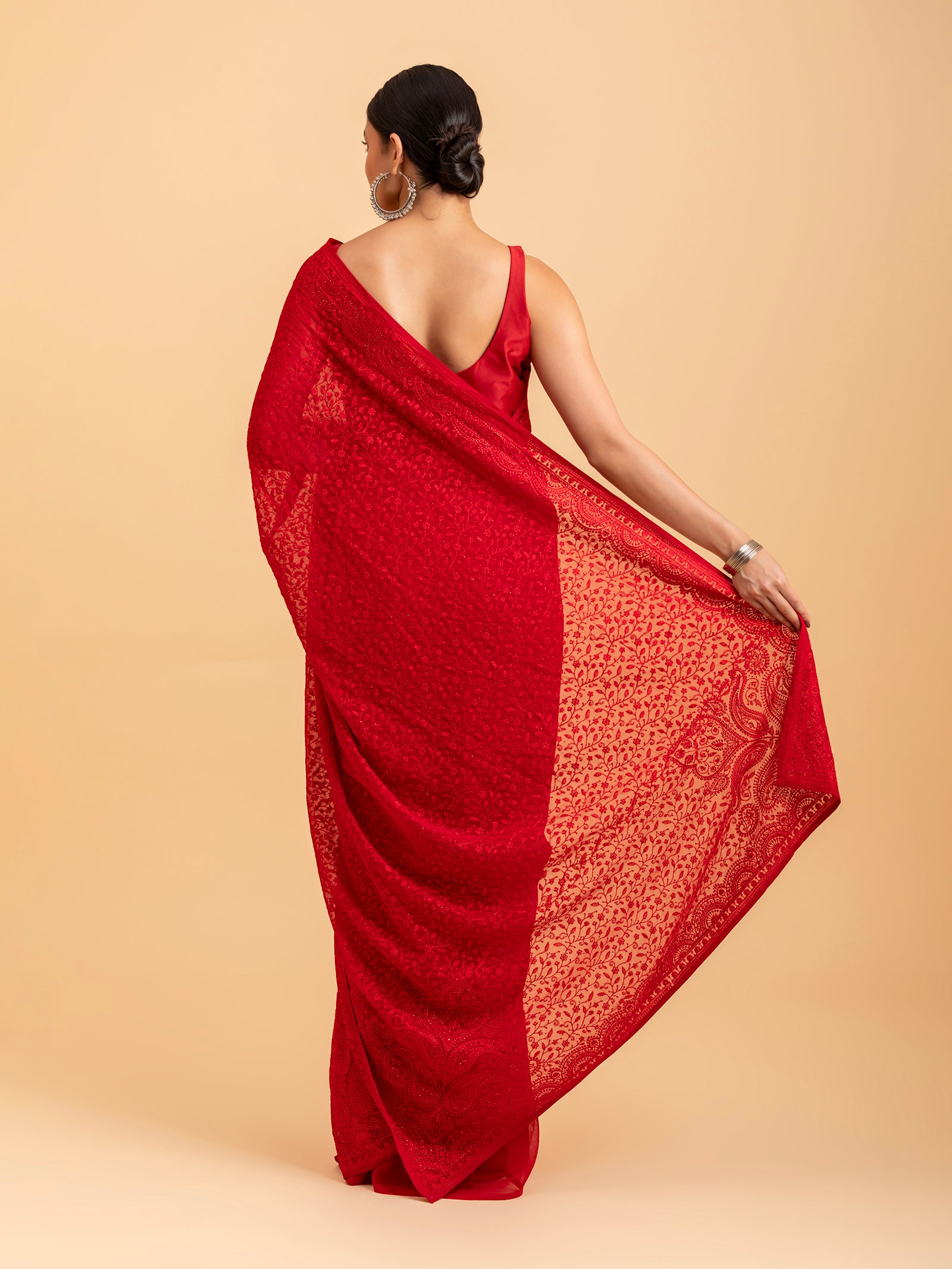 Monochromatic Red Chikankari Saree