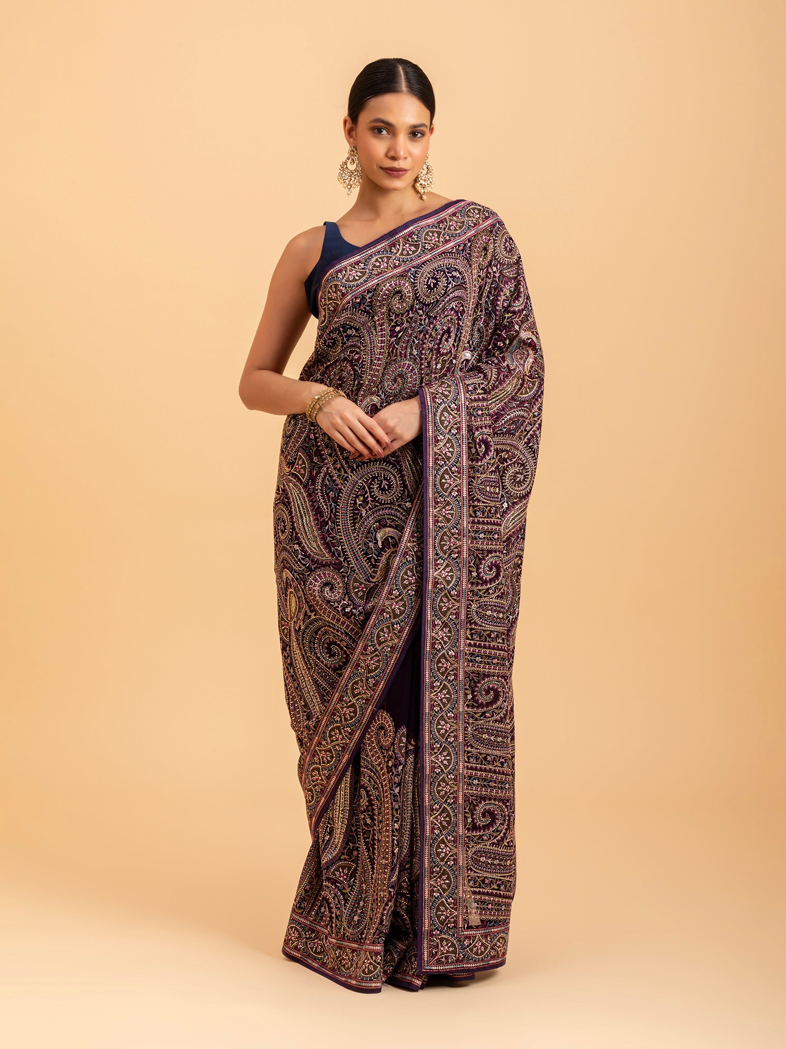 Velvet Plum Kashmiri Paisley Saree