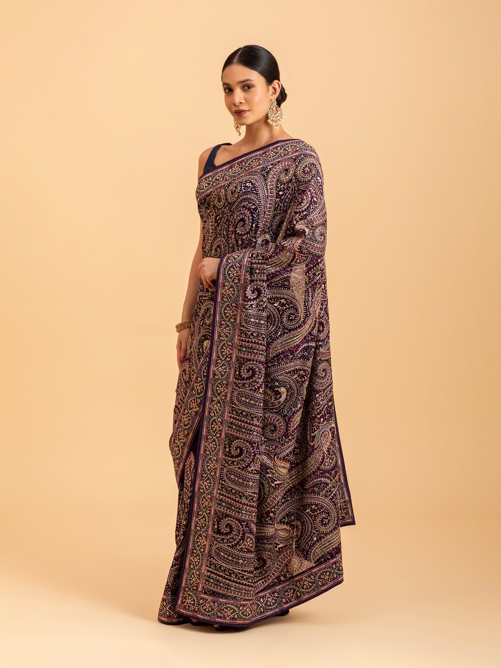 Velvet Plum Kashmiri Paisley Saree