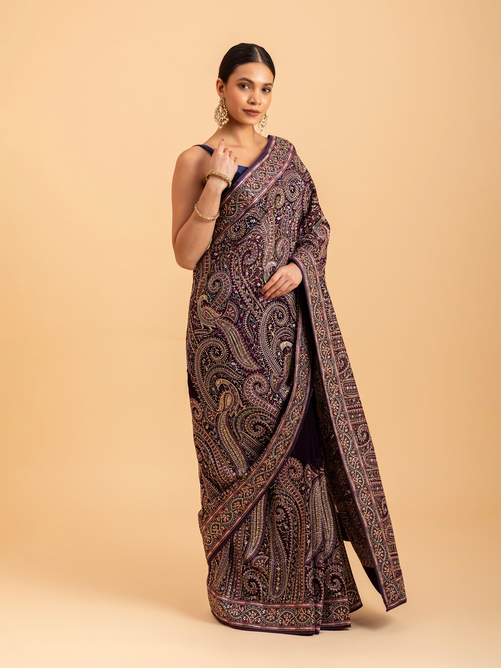 Velvet Plum Kashmiri Paisley Saree