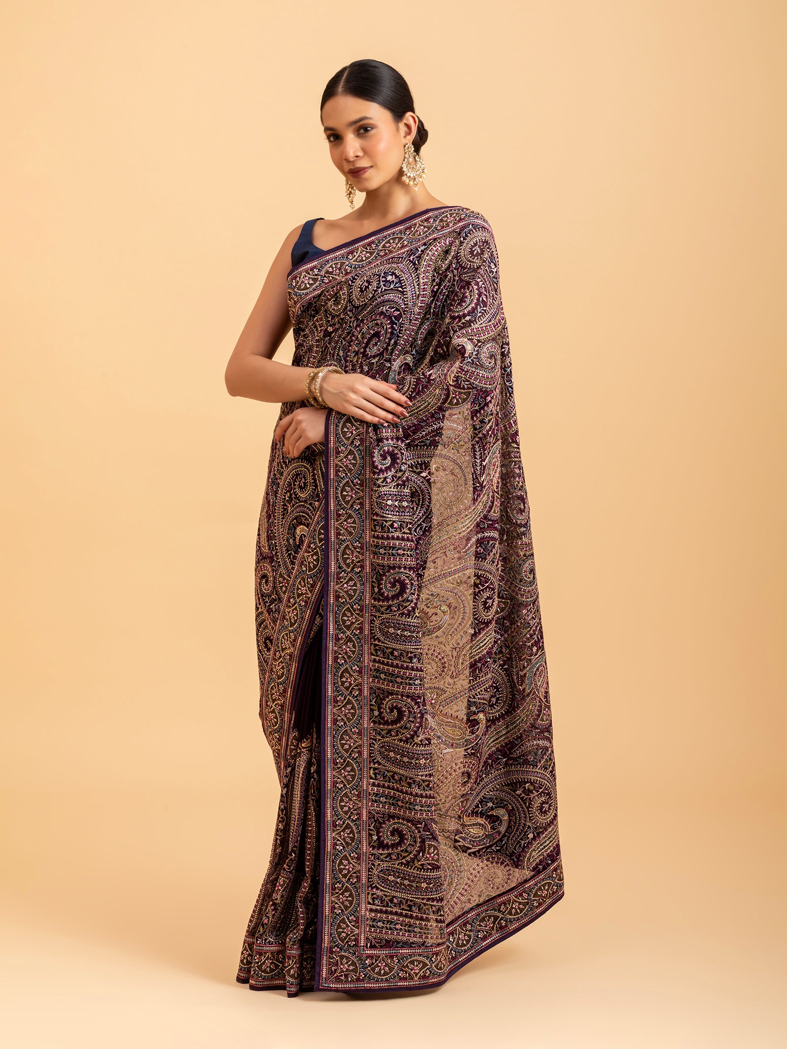 Velvet Plum Kashmiri Paisley Saree