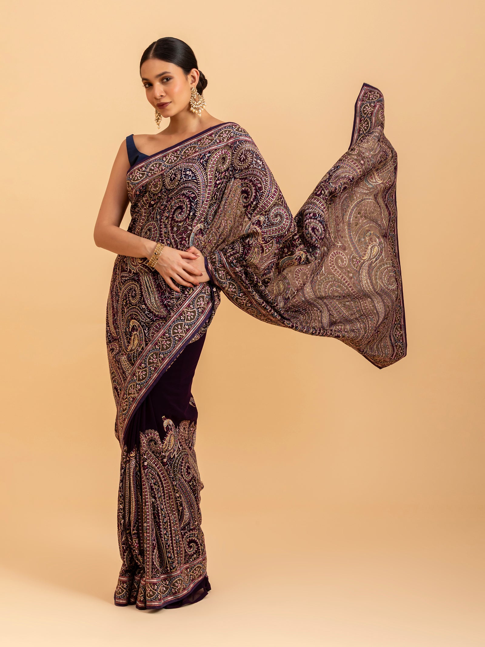 Velvet Plum Kashmiri Paisley Saree
