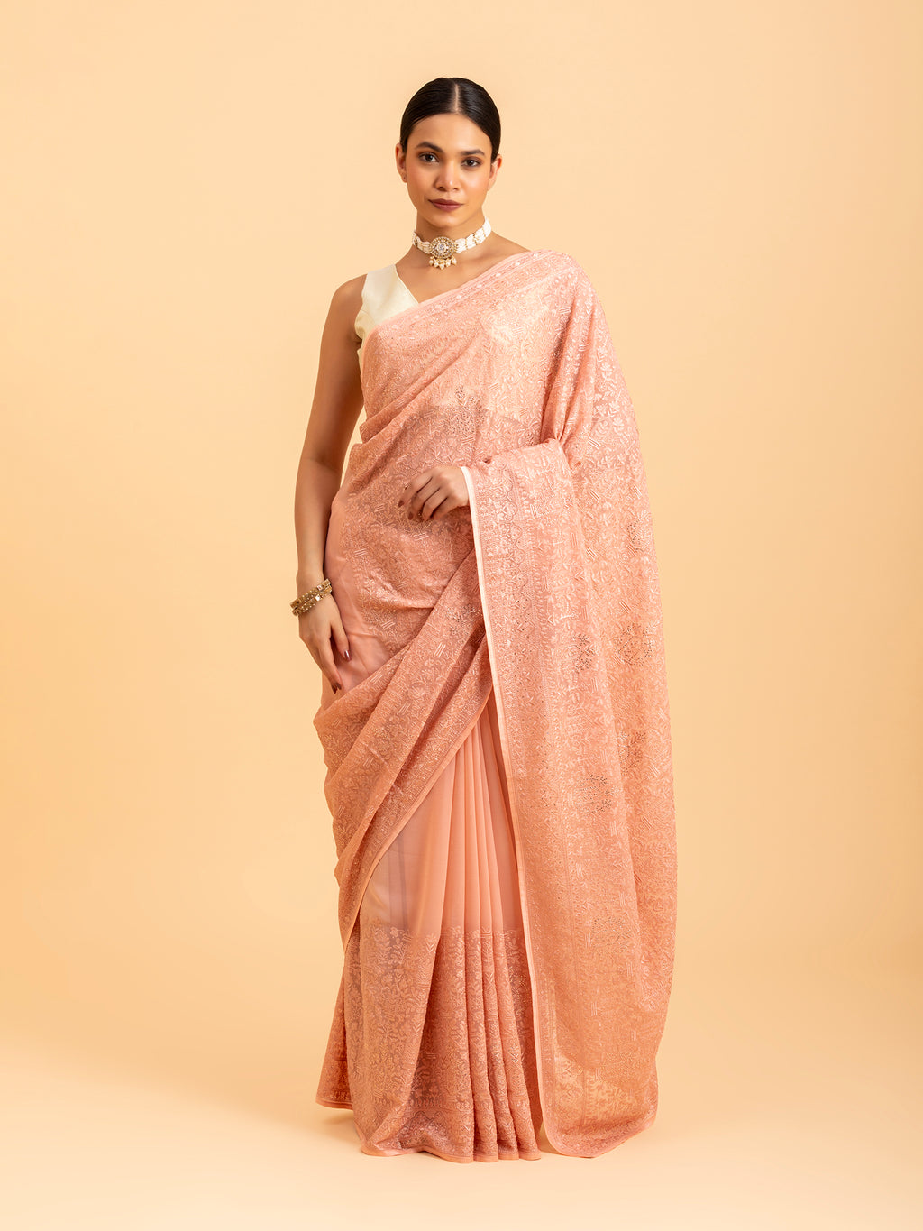 Peach Petal Embroidery Saree