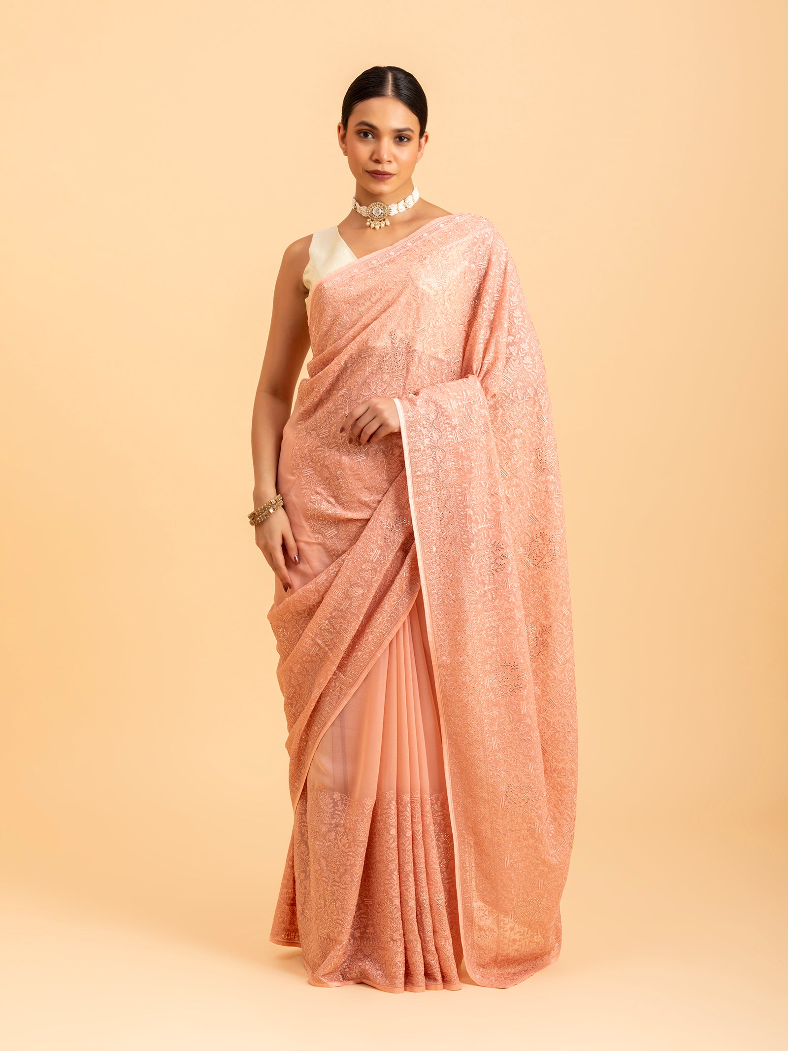 Peach Petal Embroidery Saree