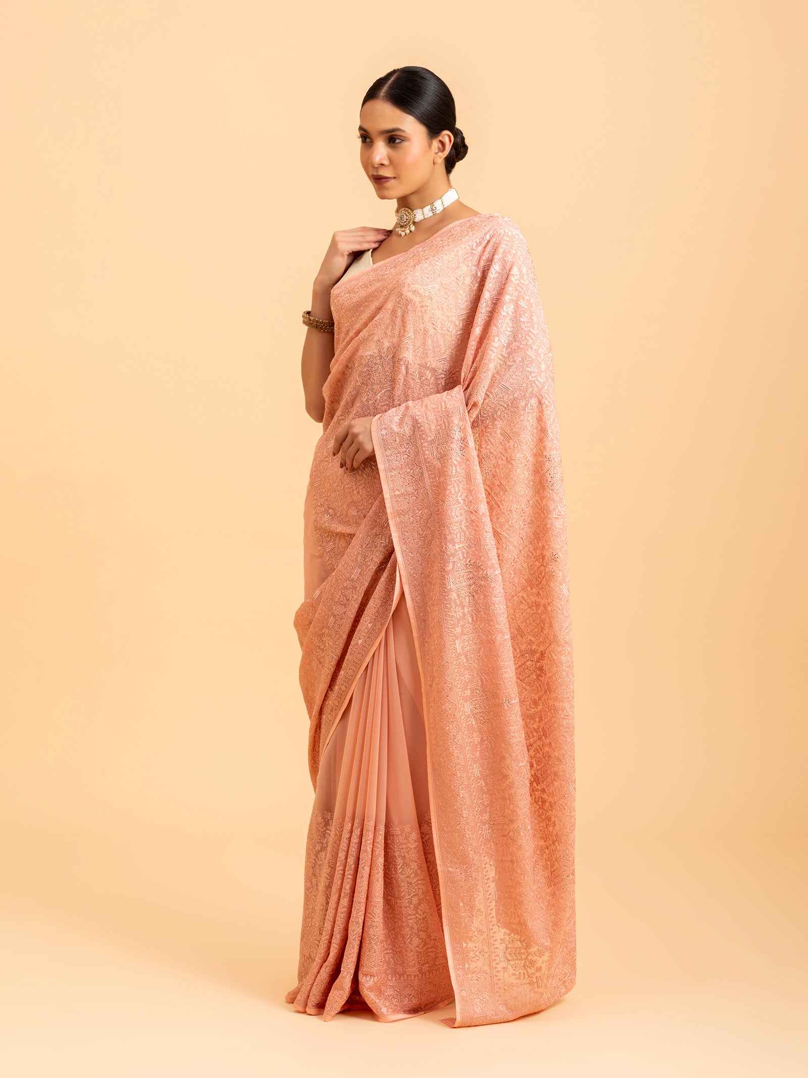 Peach Petal Embroidery Saree