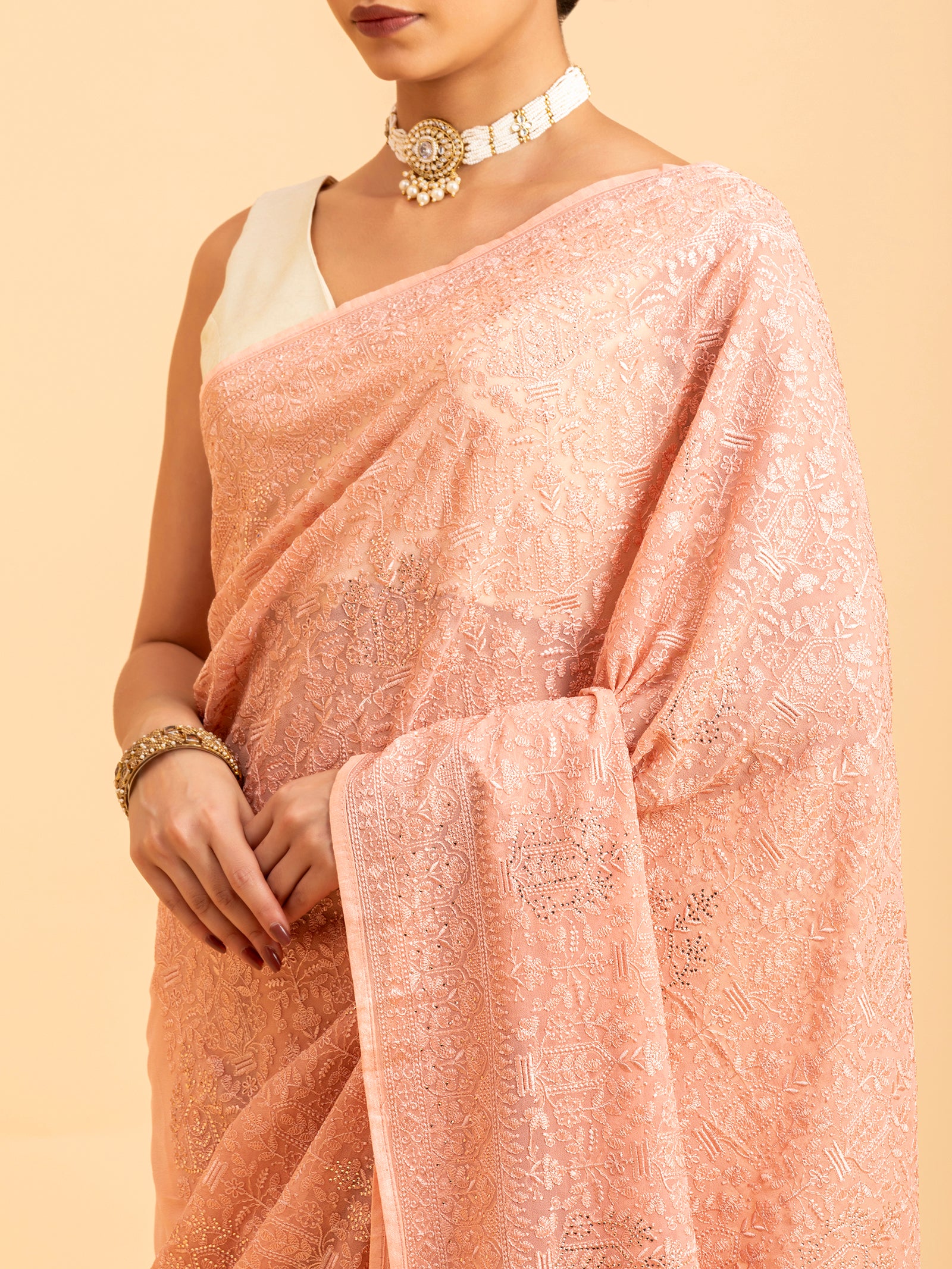 Peach Petal Embroidery Saree