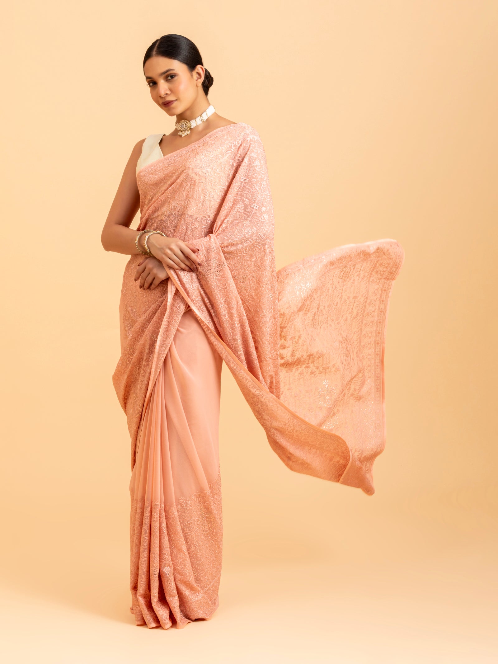 Peach Petal Embroidery Saree