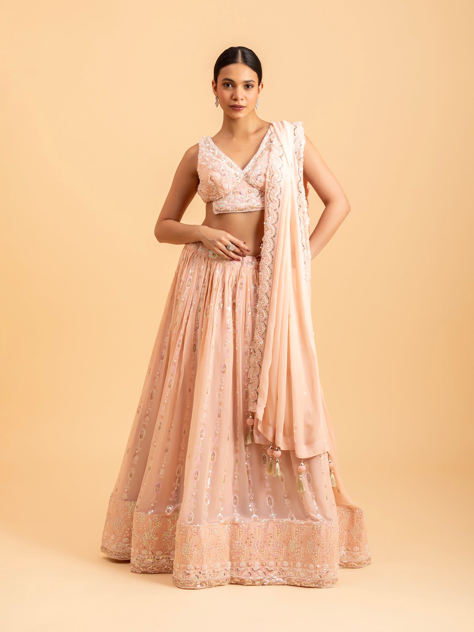 Blush Peach Floral Threadwork Lehenga