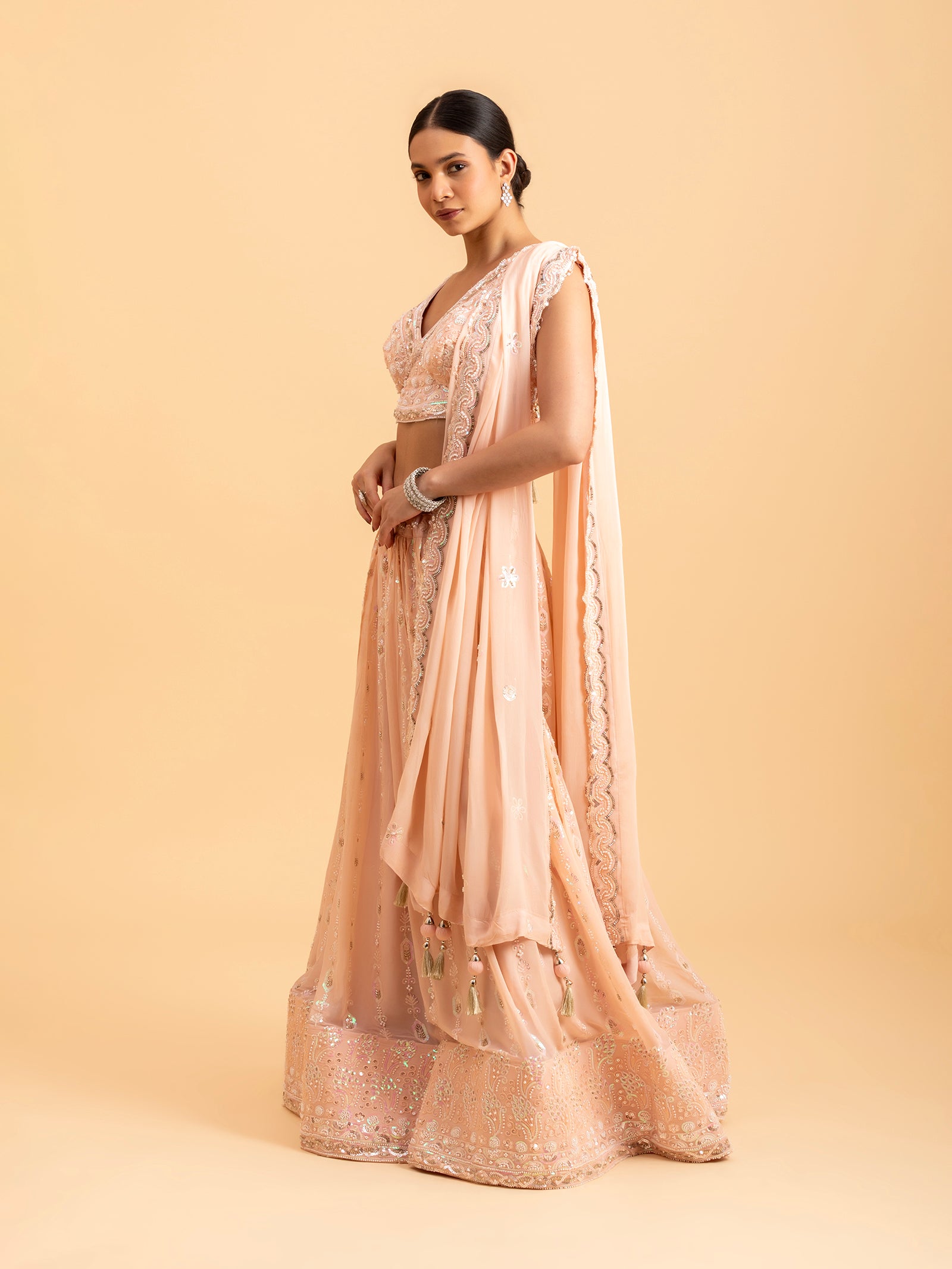 Blush Peach Floral Threadwork Lehenga