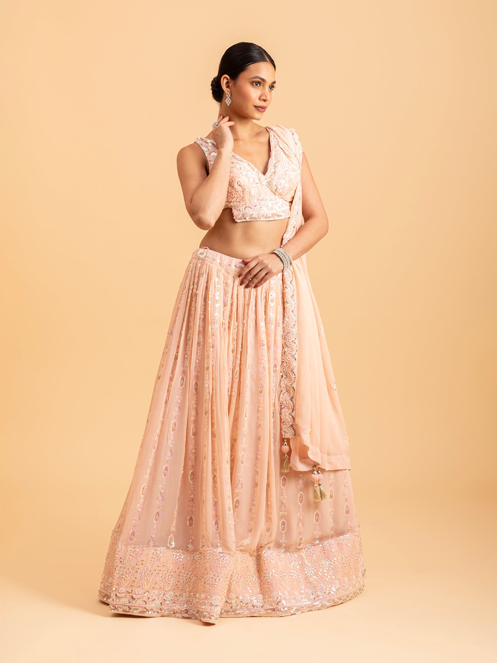 Blush Peach Floral Threadwork Lehenga