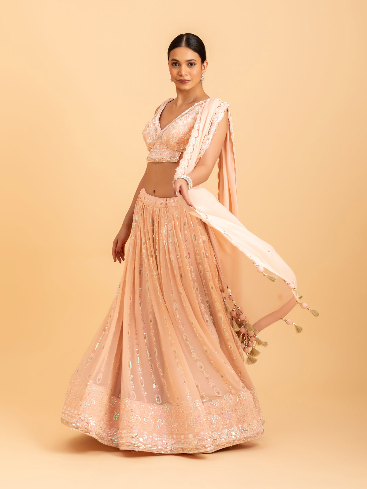 Blush Peach Floral Threadwork Lehenga
