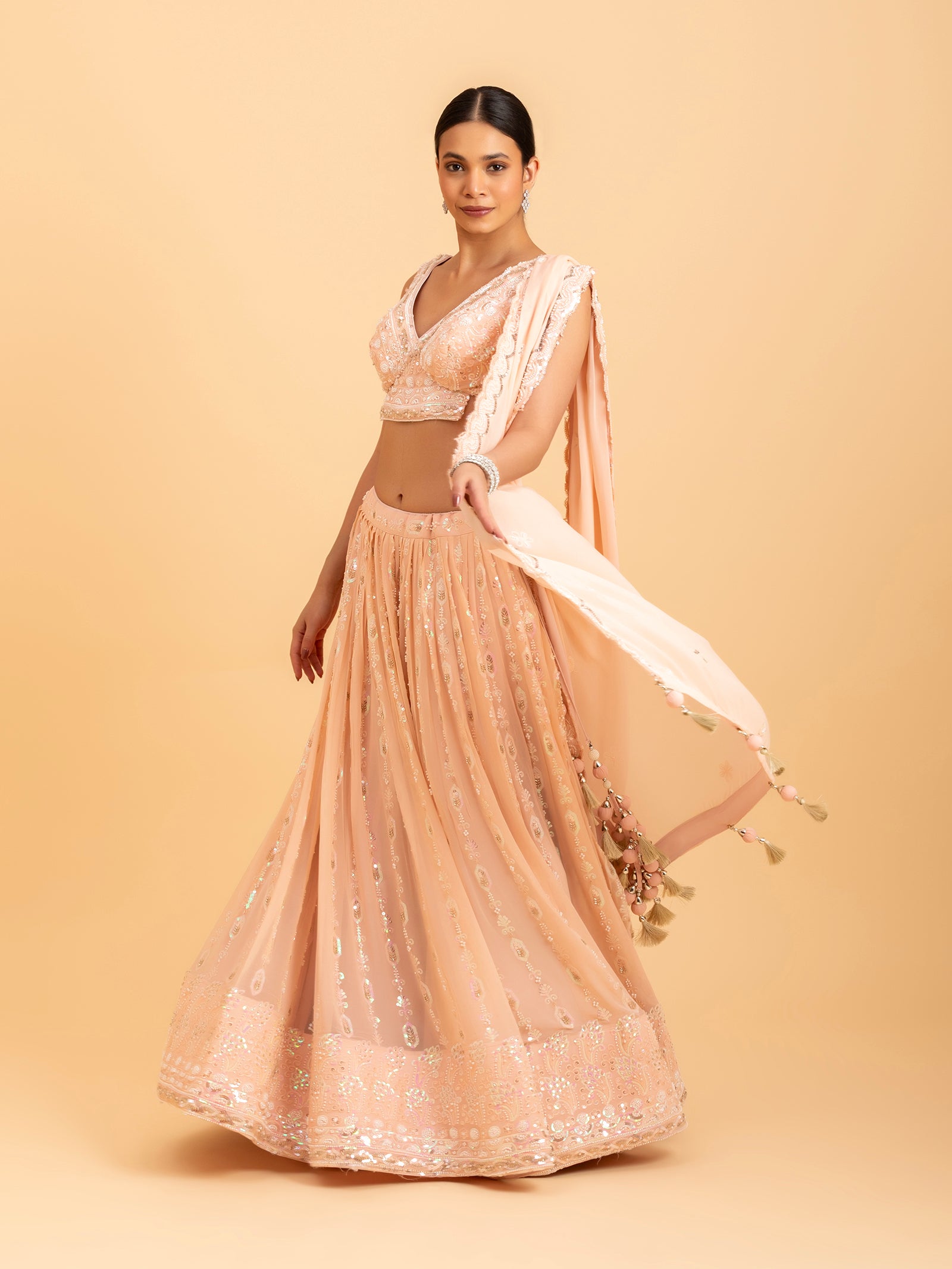 Blush Peach Floral Threadwork Lehenga