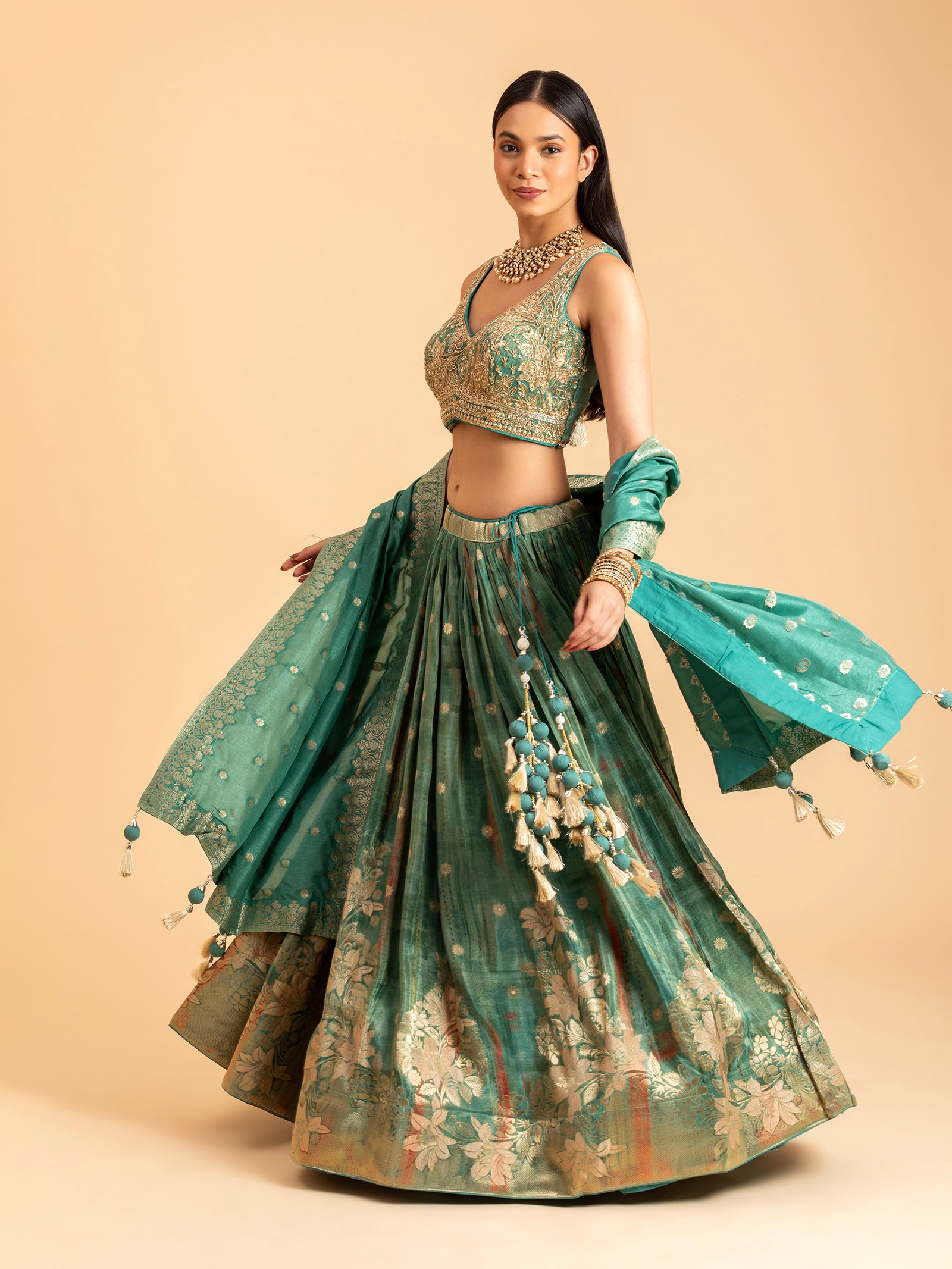 Seafoam Sage Floral Banarasi Lehenga