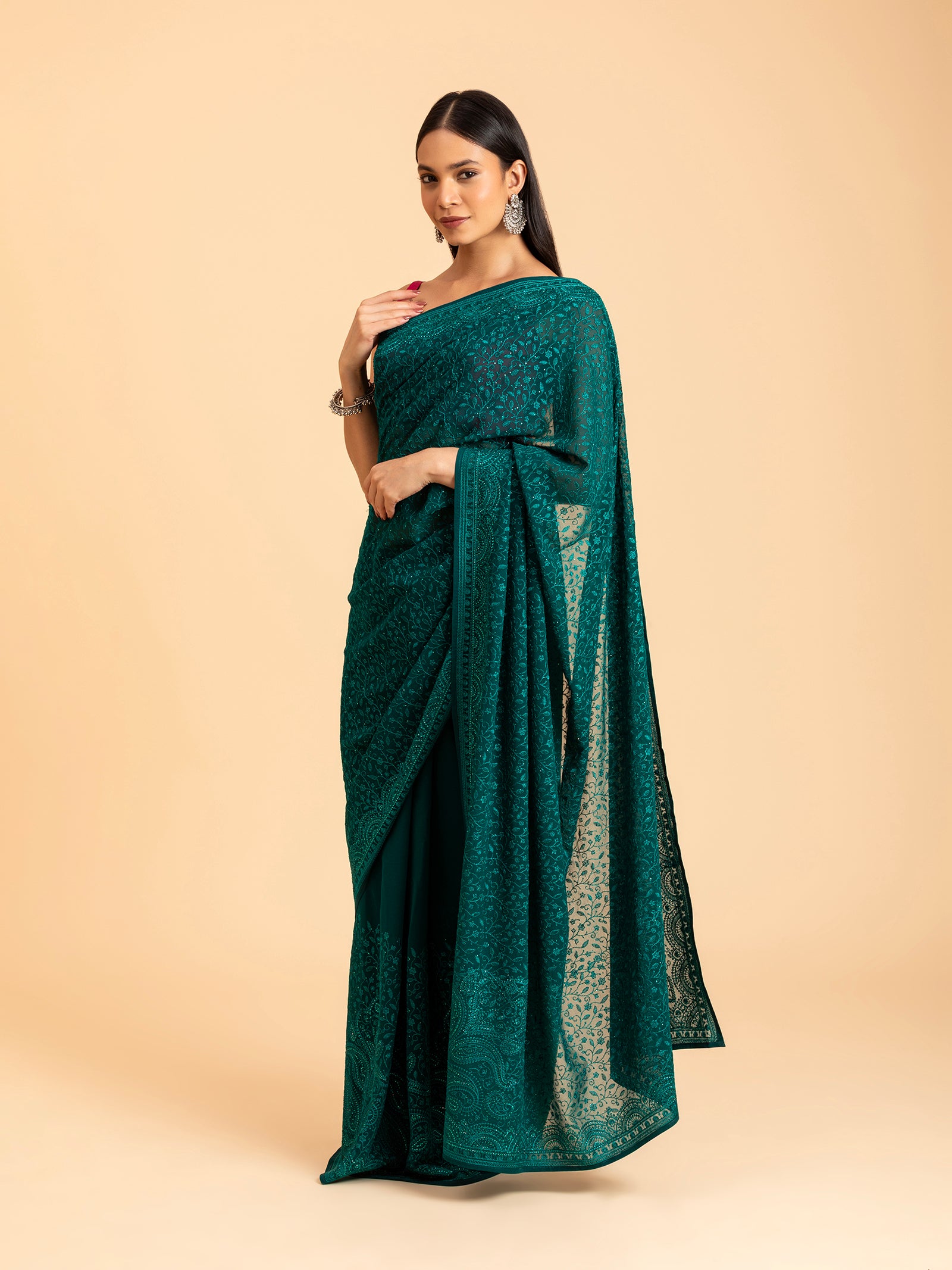Emerald Teal Tonal Chikankari Saree