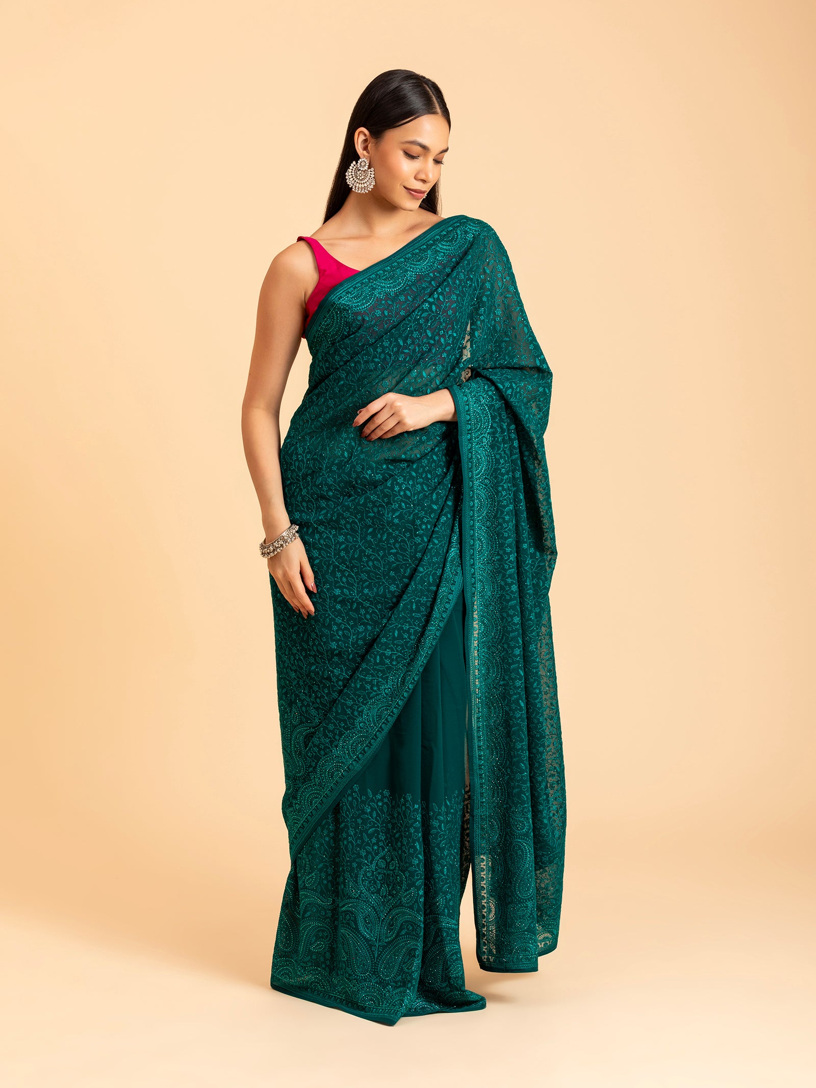 Emerald Teal Tonal Chikankari Saree
