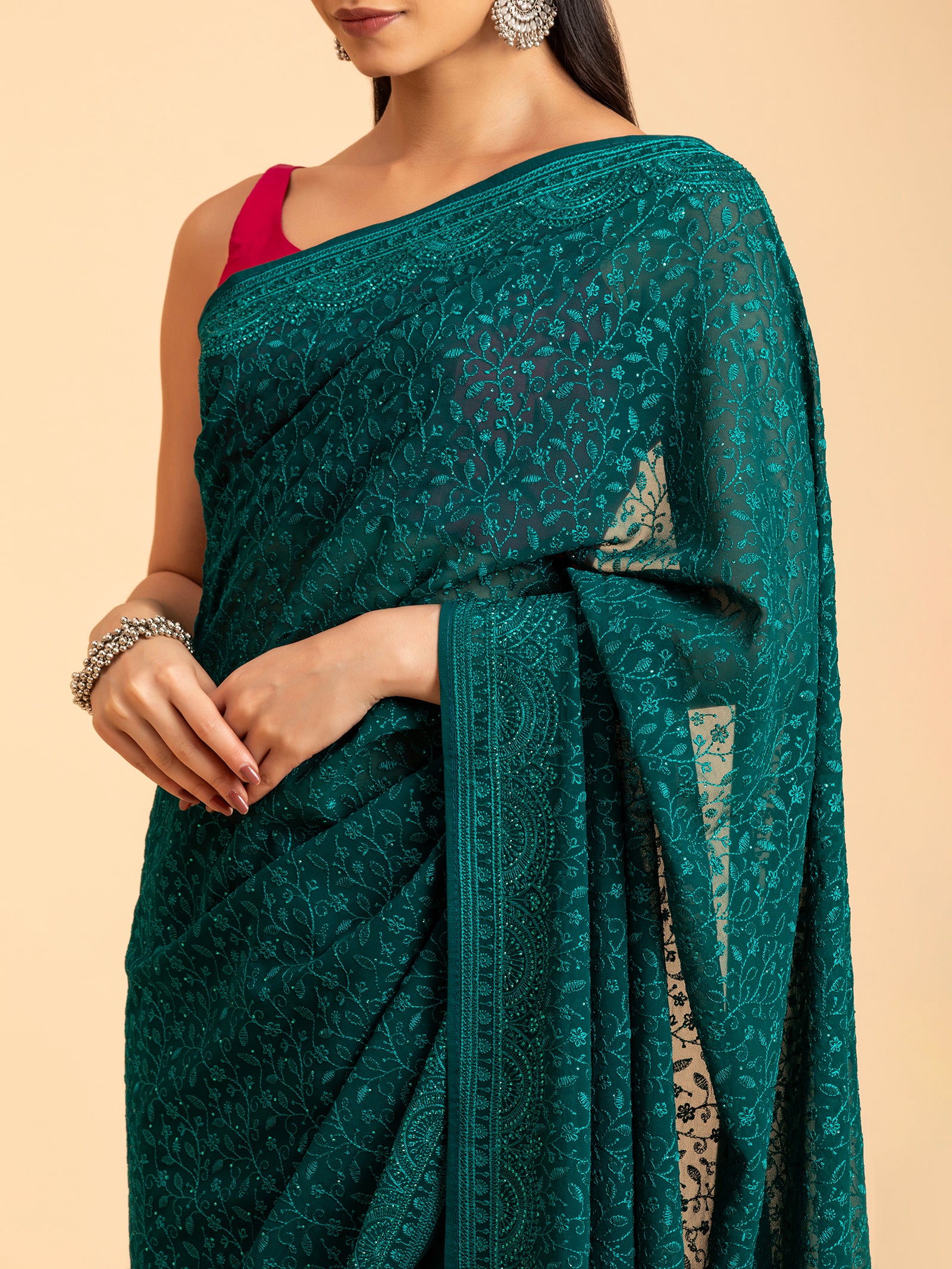 Emerald Teal Tonal Chikankari Saree