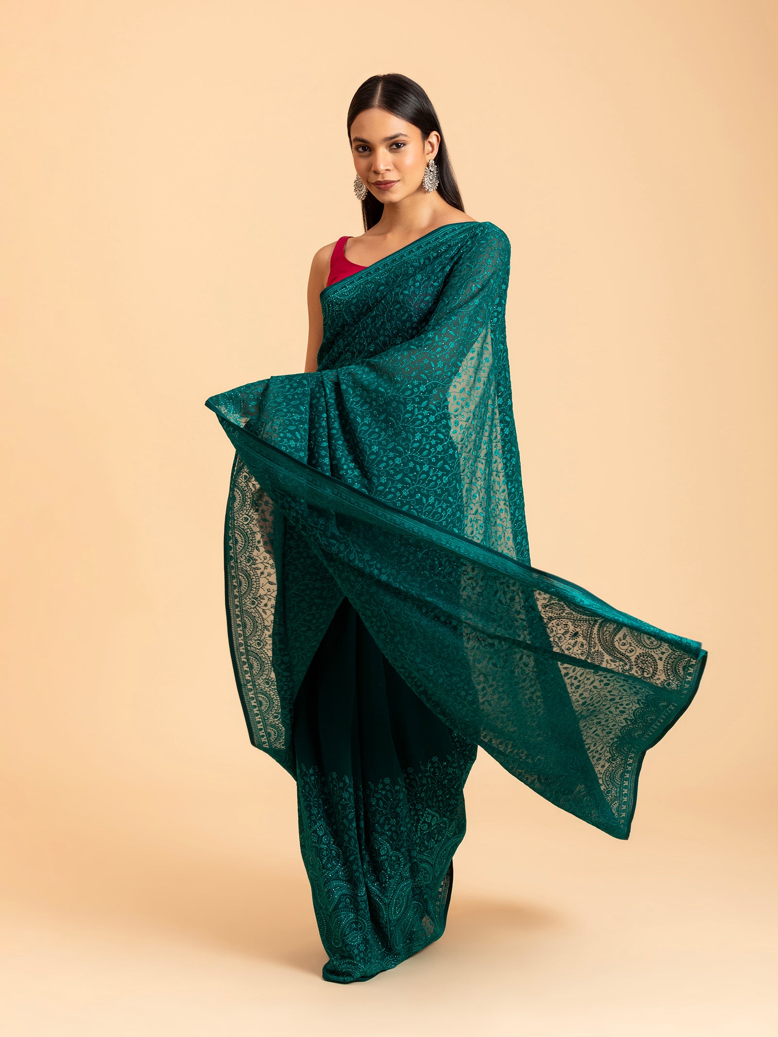 Emerald Teal Tonal Chikankari Saree