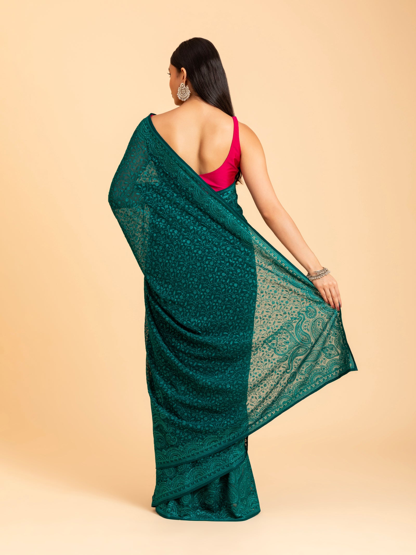 Emerald Teal Tonal Chikankari Saree