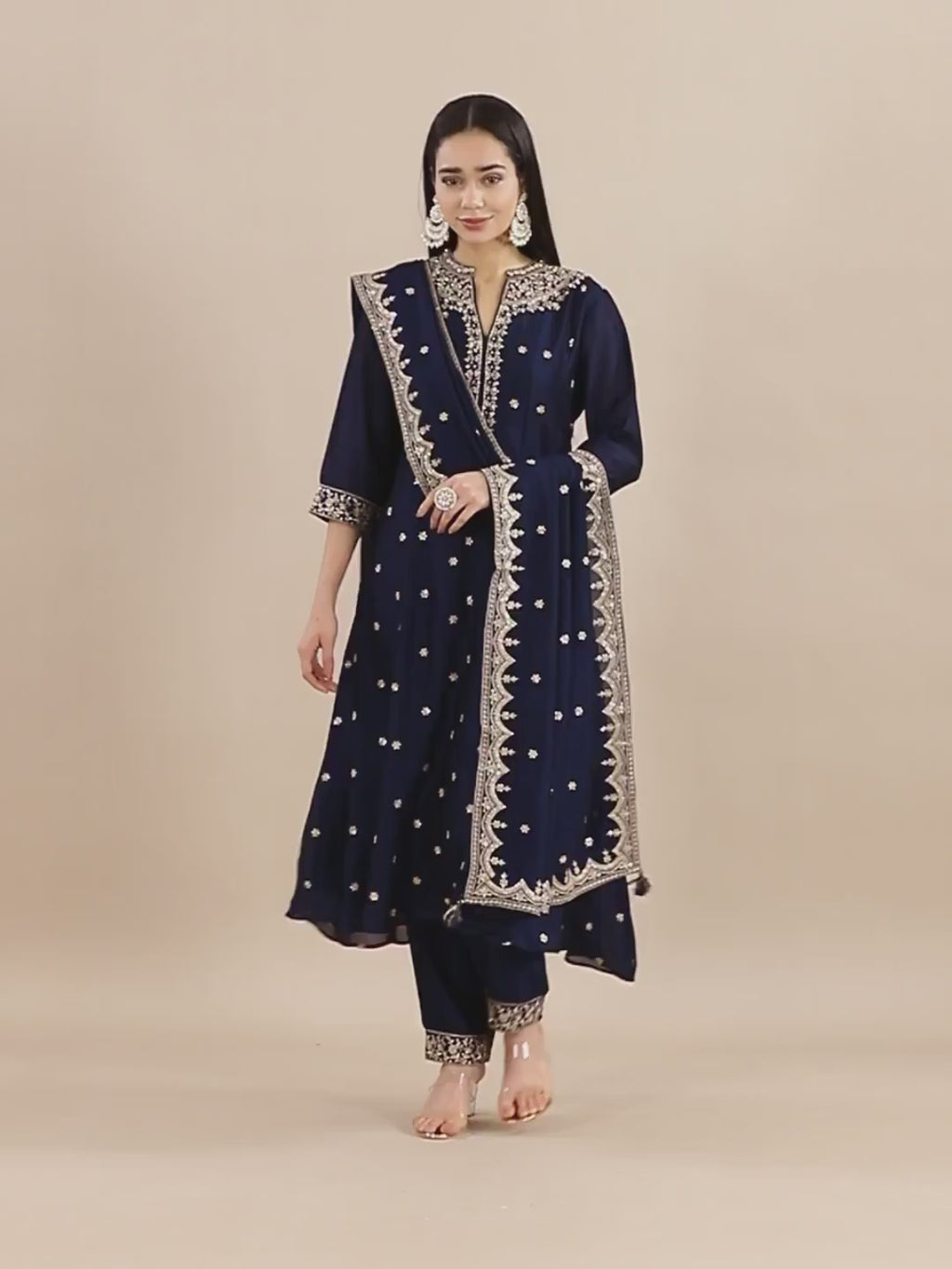 Midnight Blue A-Line Zari Work Suit Set