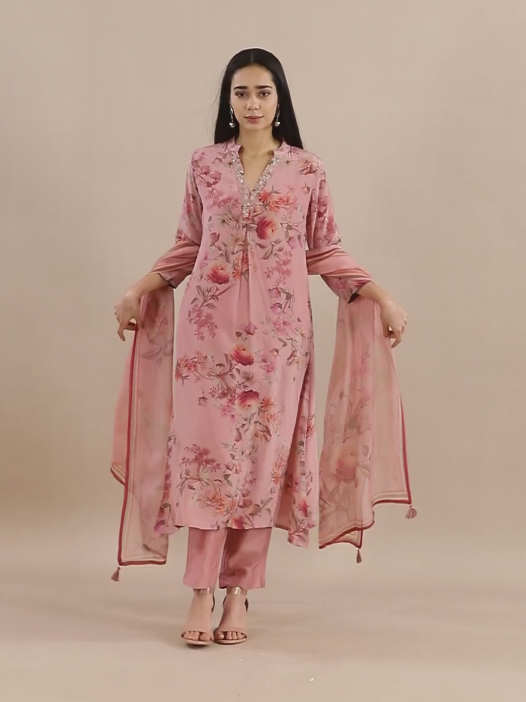 Rose Pink Water Colour Floral Suit Set