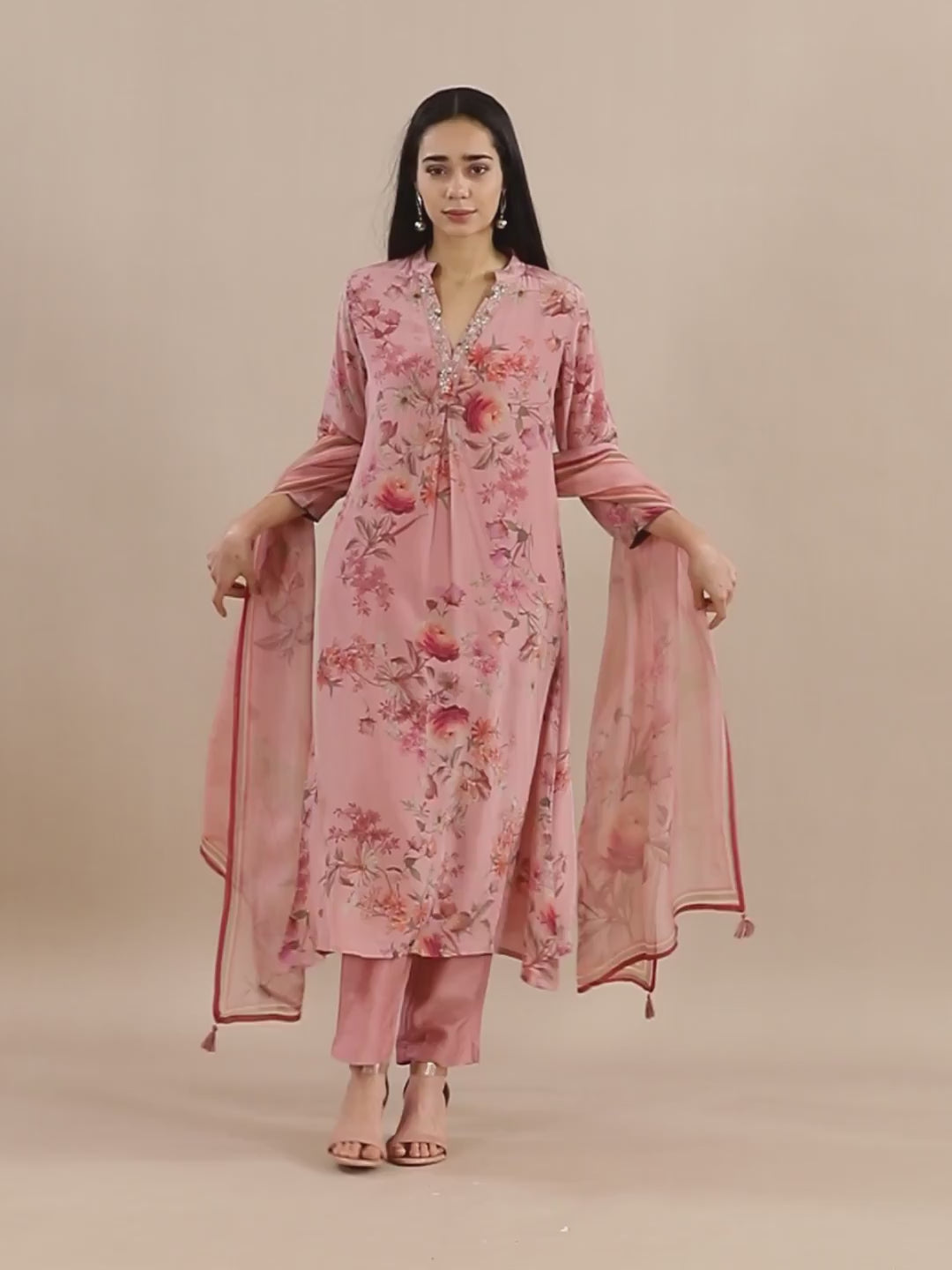 Rose Pink Water Colour Floral Suit Set