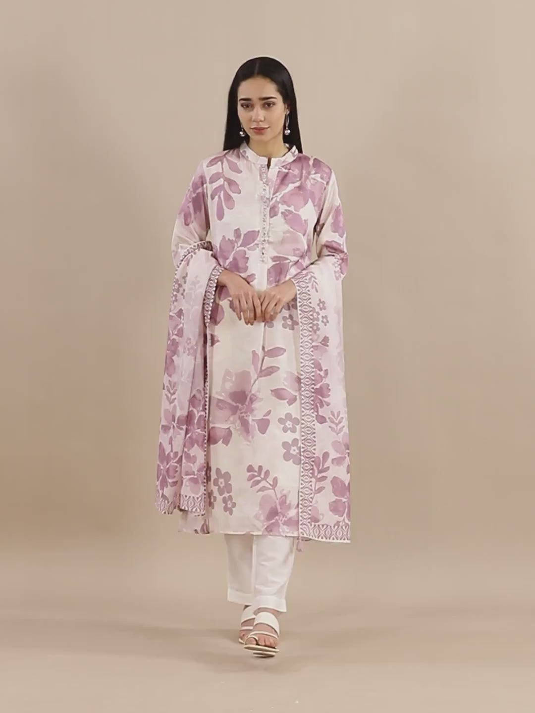 White and Lavender Floral Print Suit Set