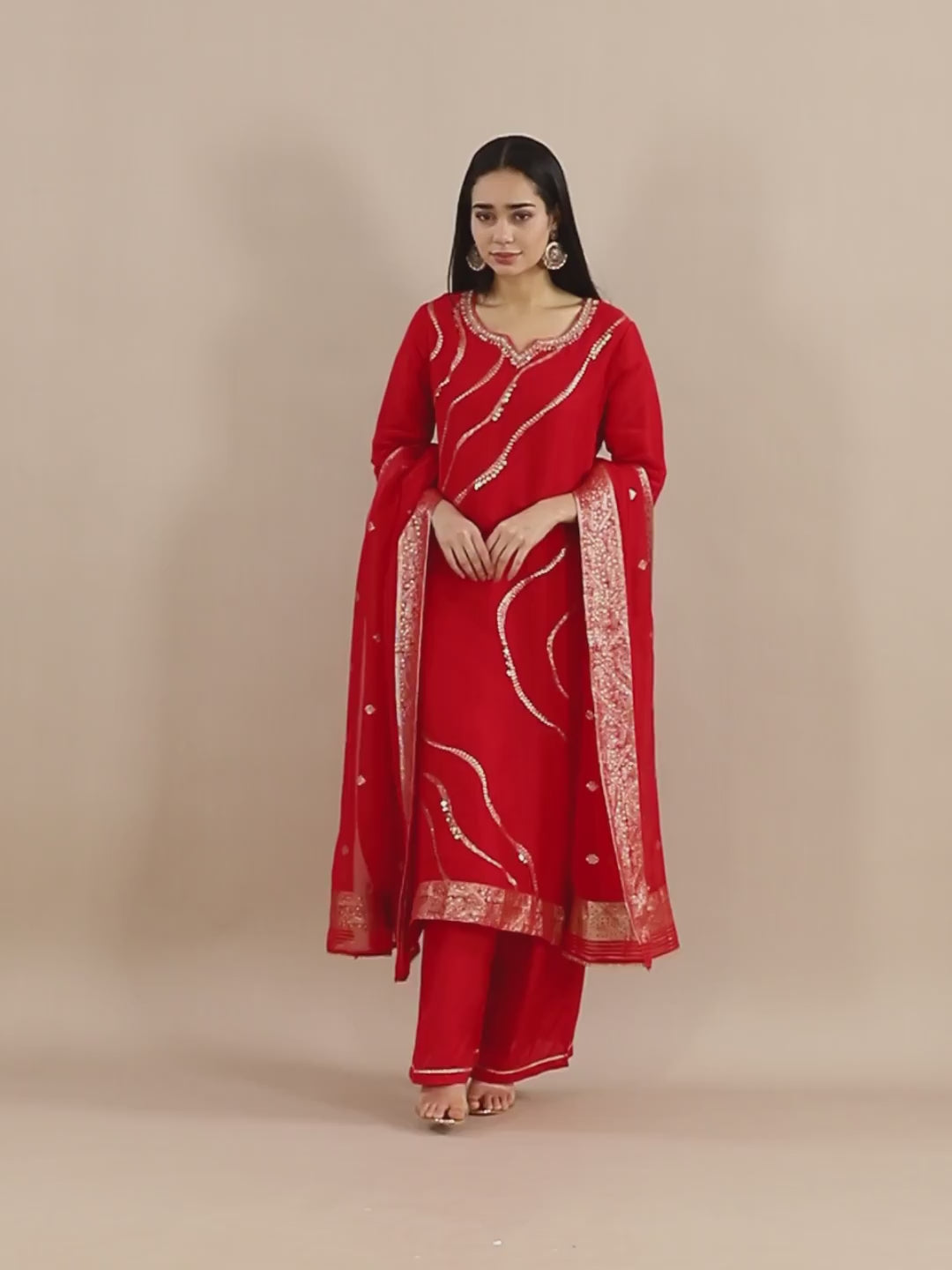Regal Red Solid Kurta Set with Contemporary Silver Sequin Detailing