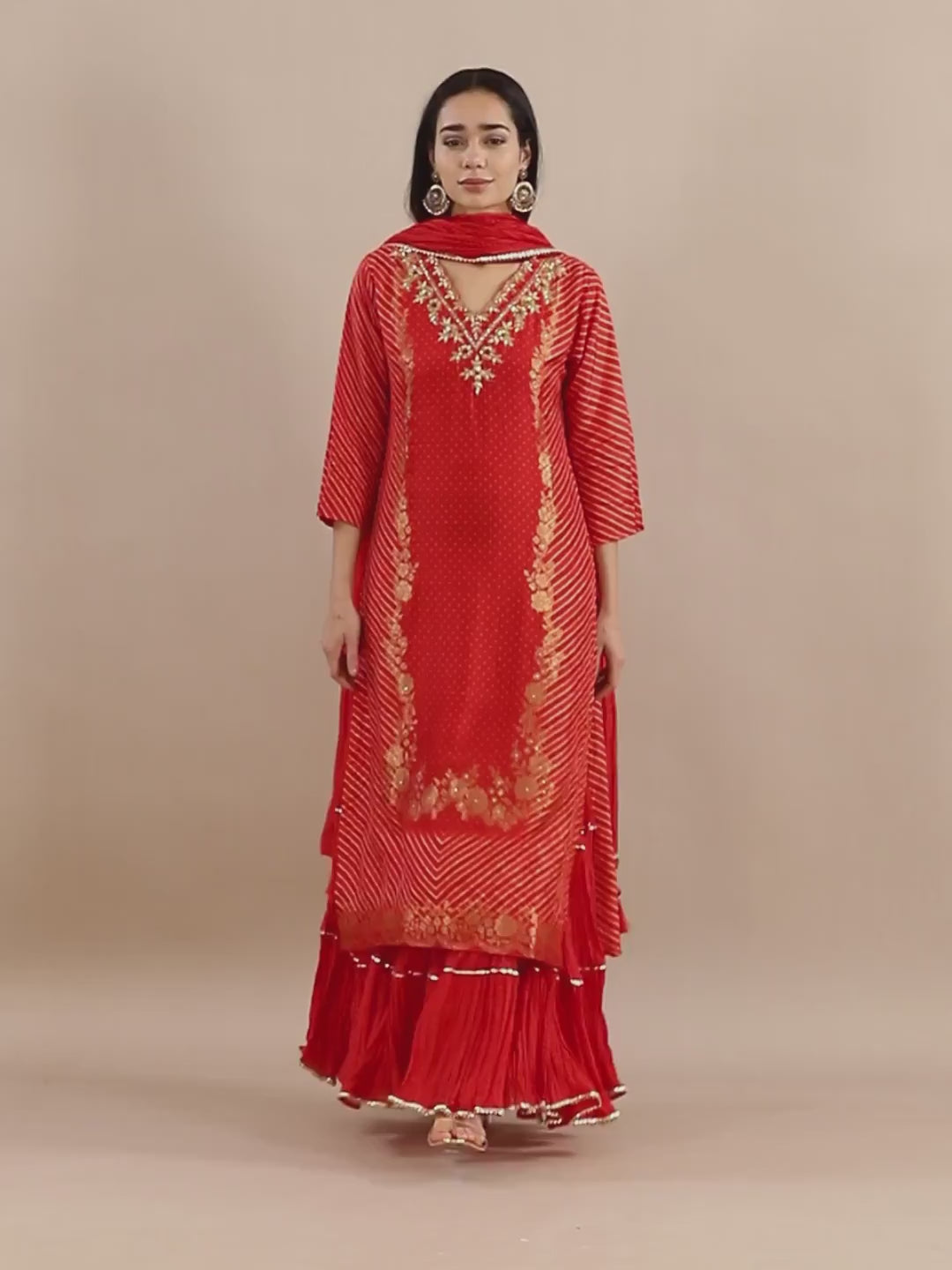 Red Striped Kurta & Tiered Gharara Set with Gold Sequin Work