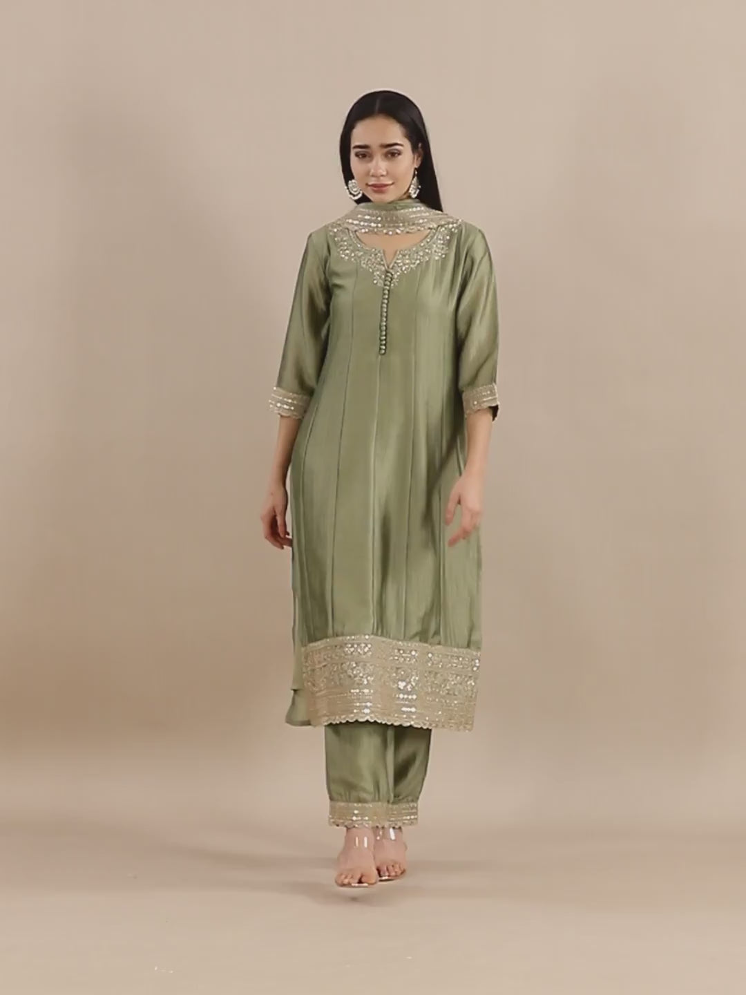 Light Sage Silk Pleated Embroidered Set
