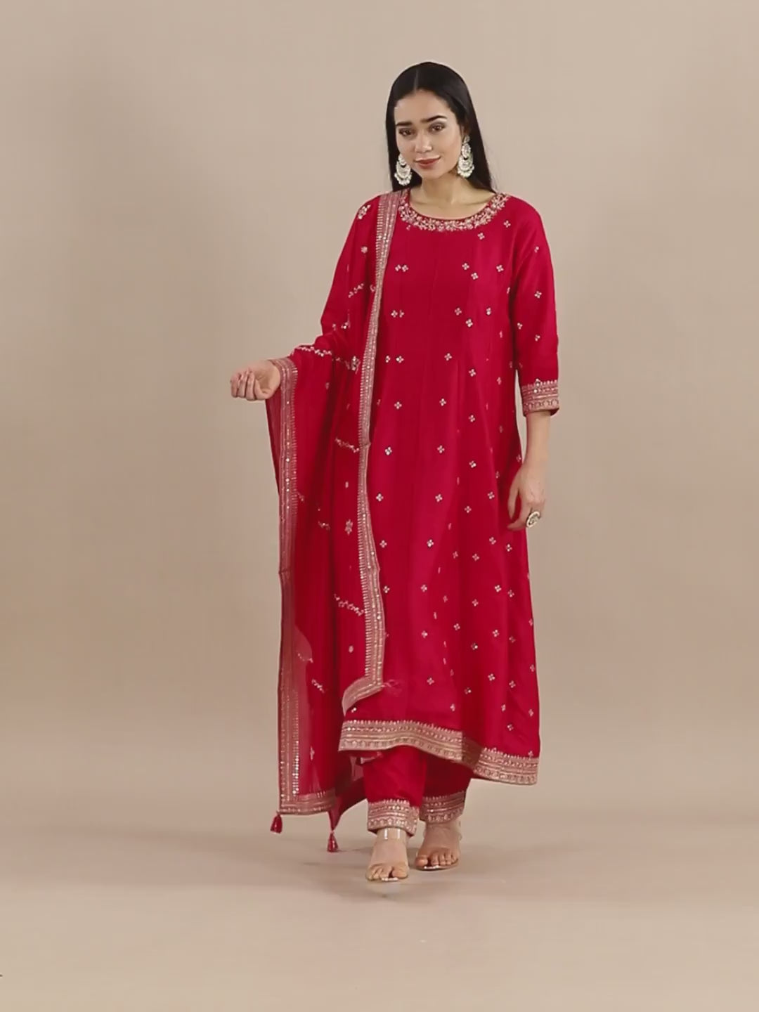 Fuschia Pink Mirror Work A-Line Suit Set