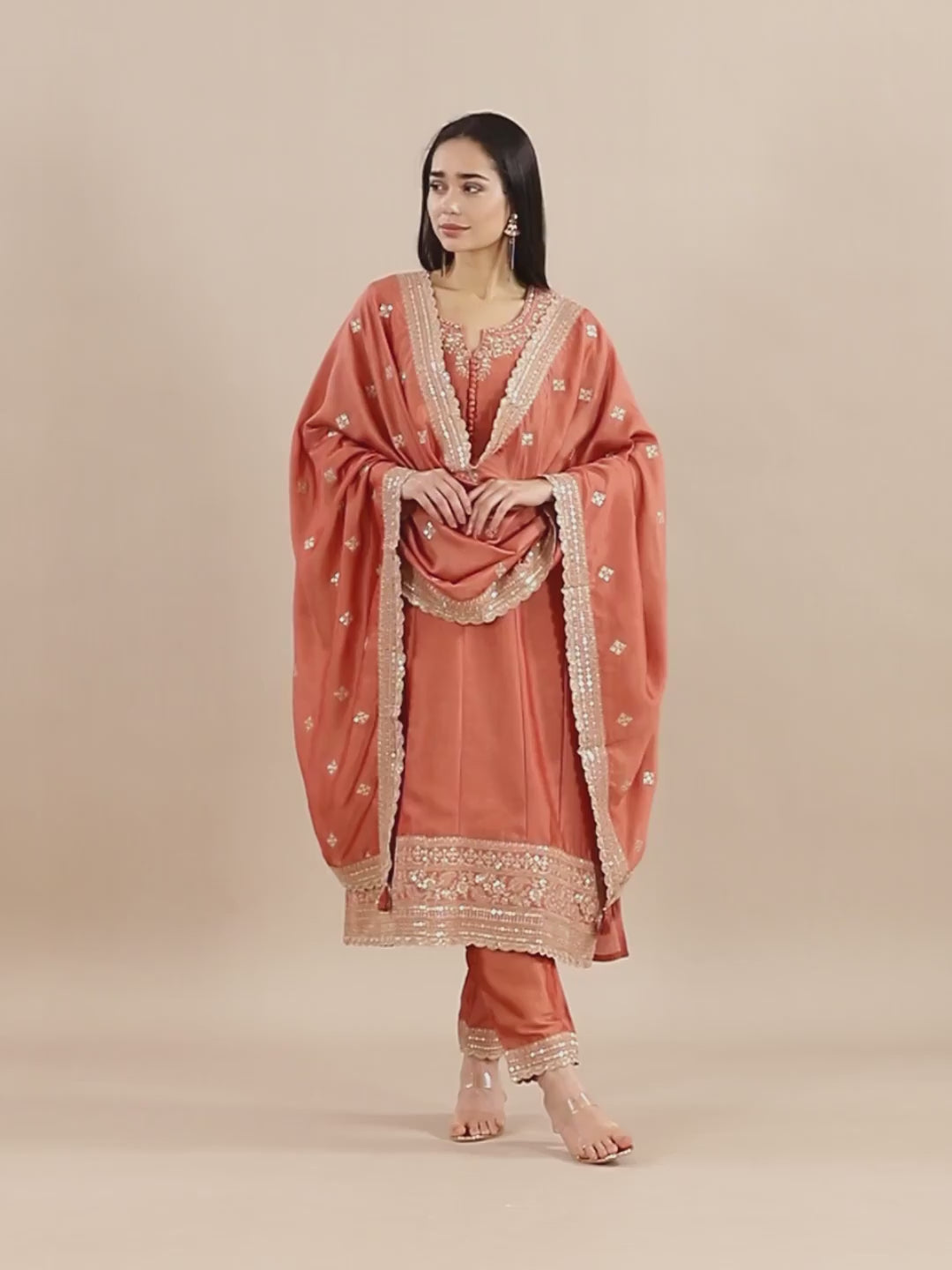 Coral Embroidered Suit Set