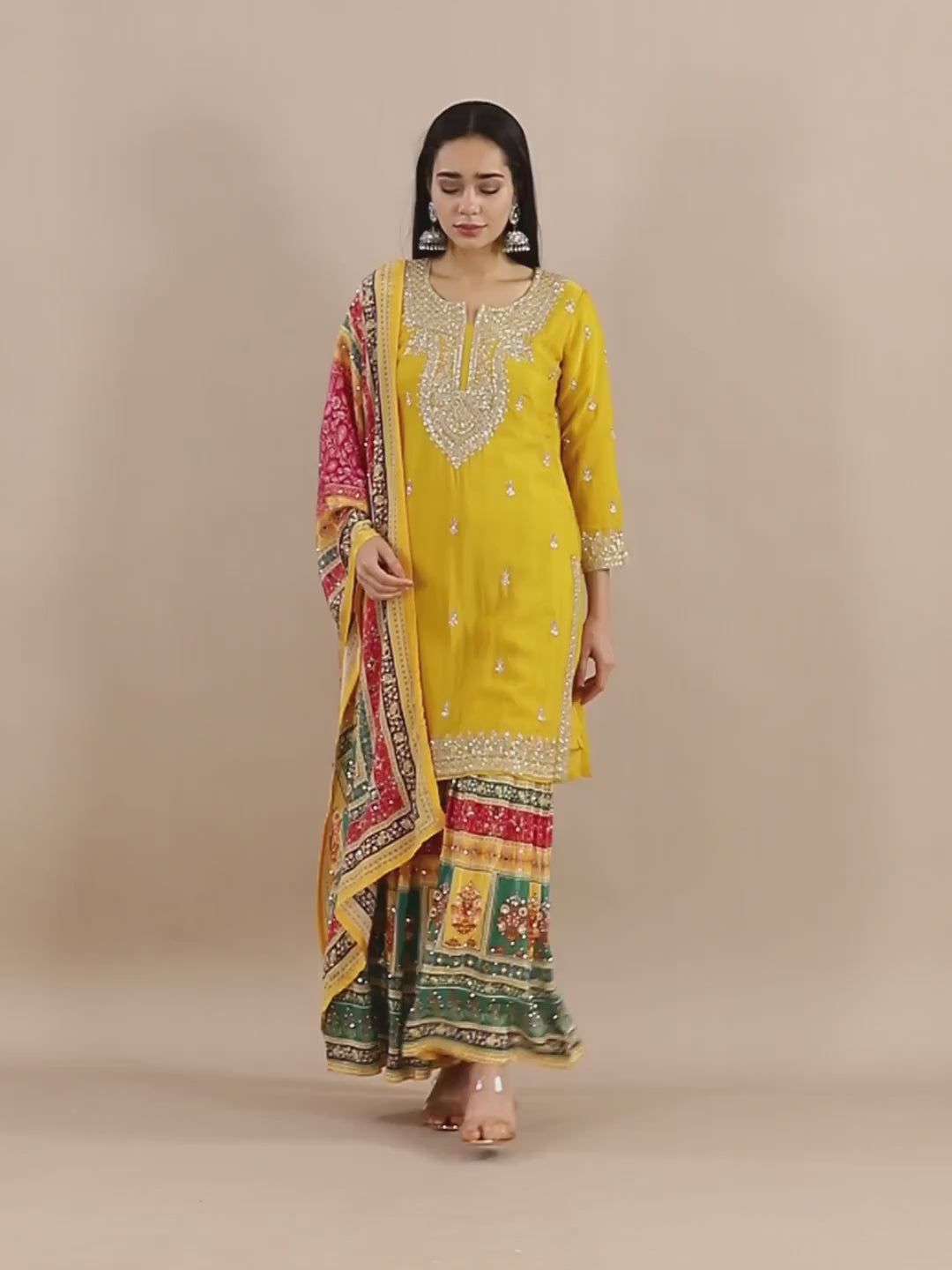 Mustard Zari Kurta with Printed Gharara Set